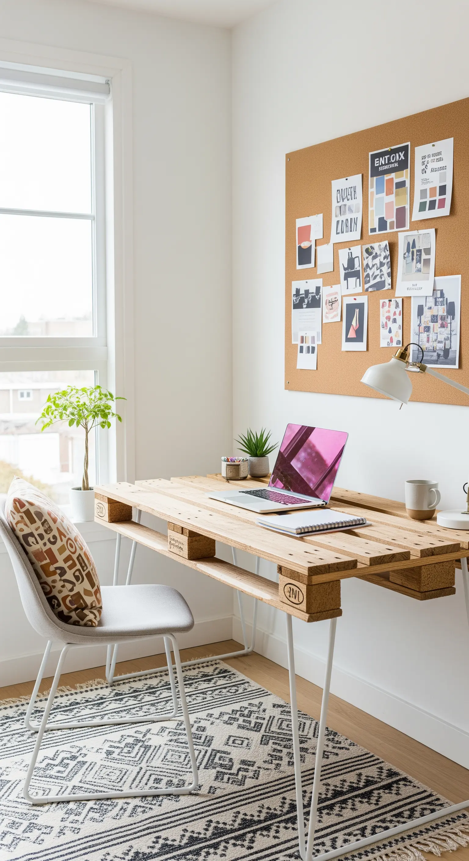 Scrivania minimalista realizzata con un pallet e gambe a forcina in metallo bianco.