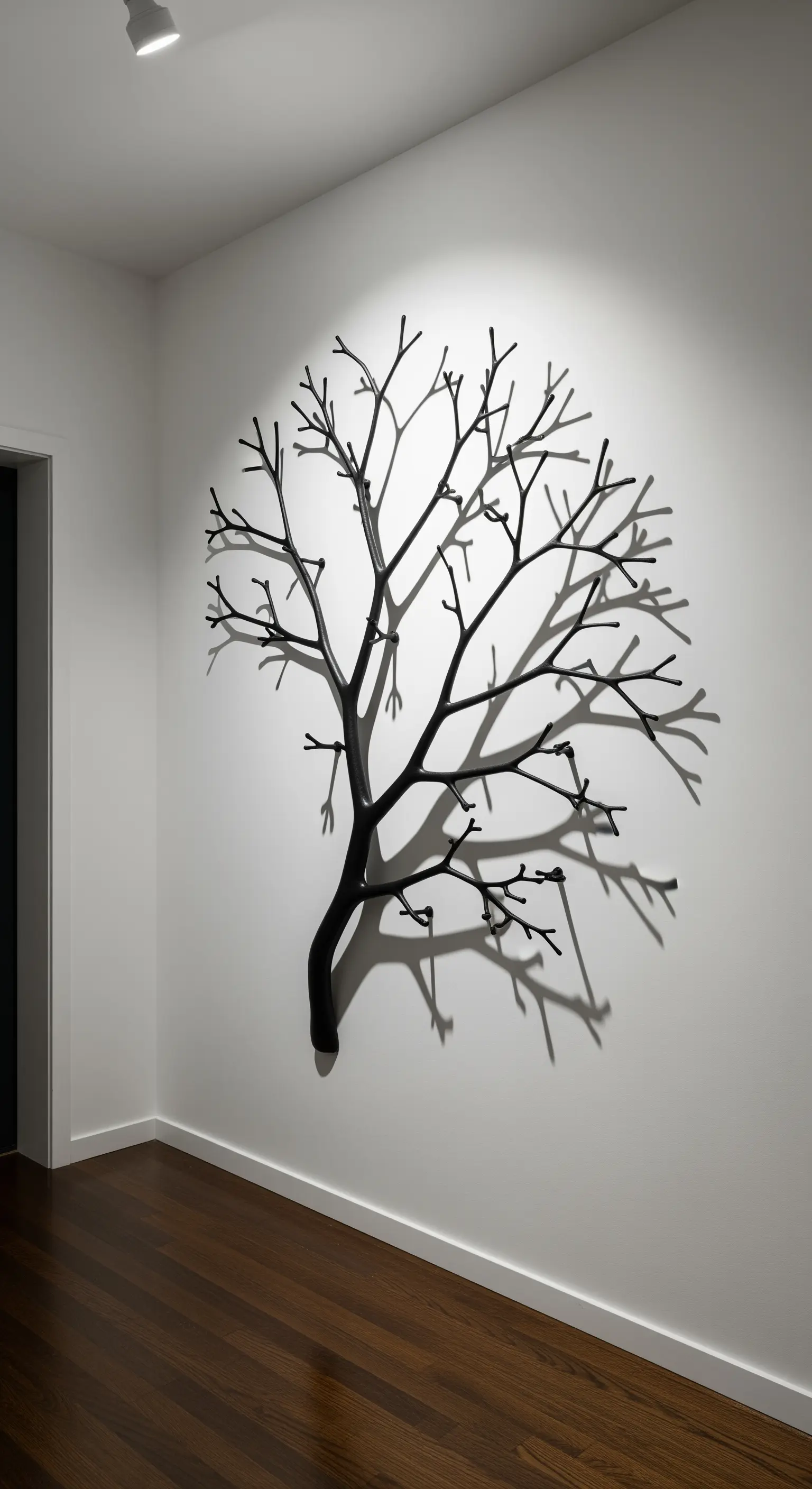 Appendiabiti nero a forma di albero stilizzato che proietta ombre su una parete bianca.
