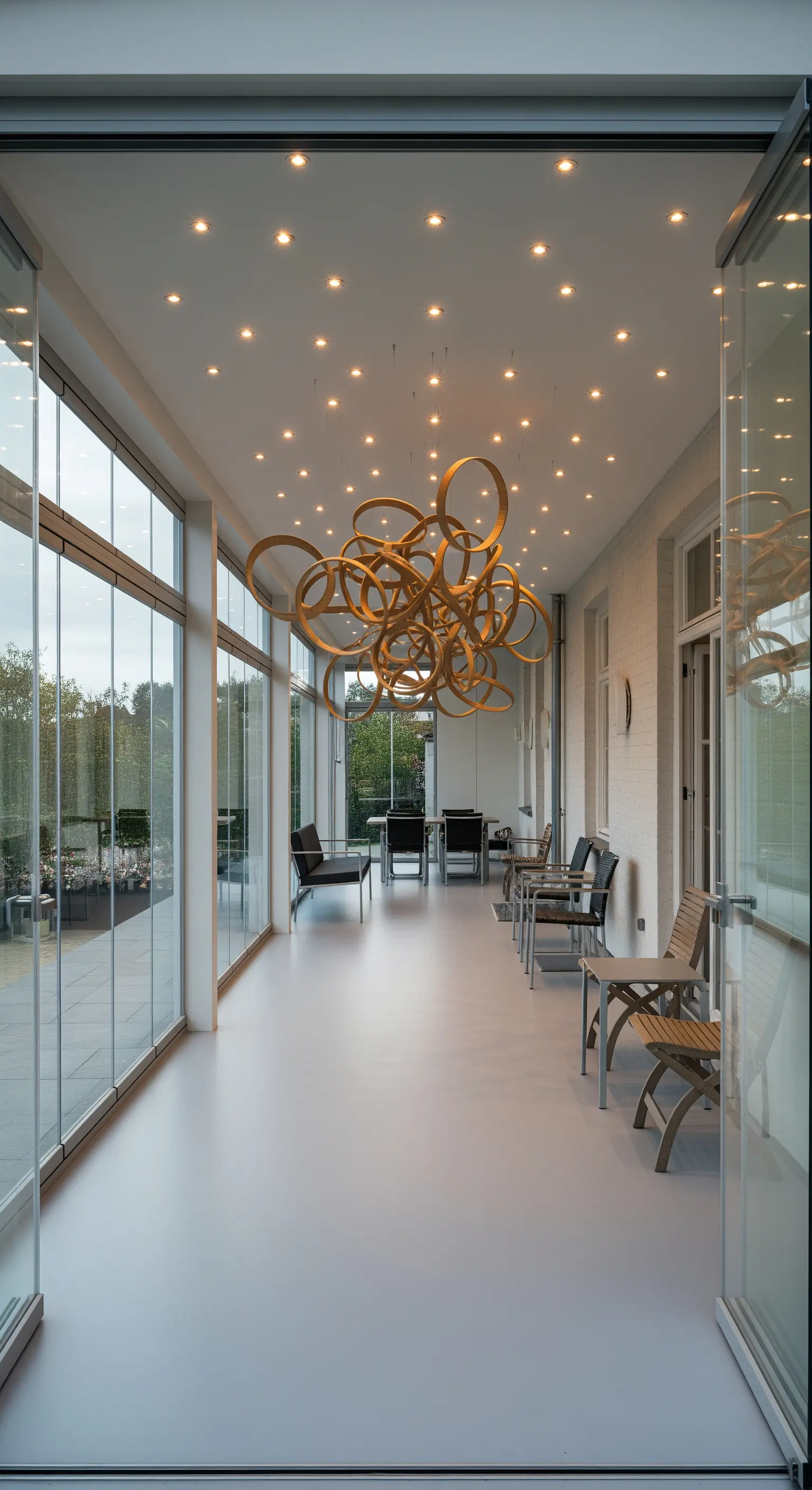 Veranda vetrata con pavimento grigio chiaro e scultura dorata sospesa al soffitto.