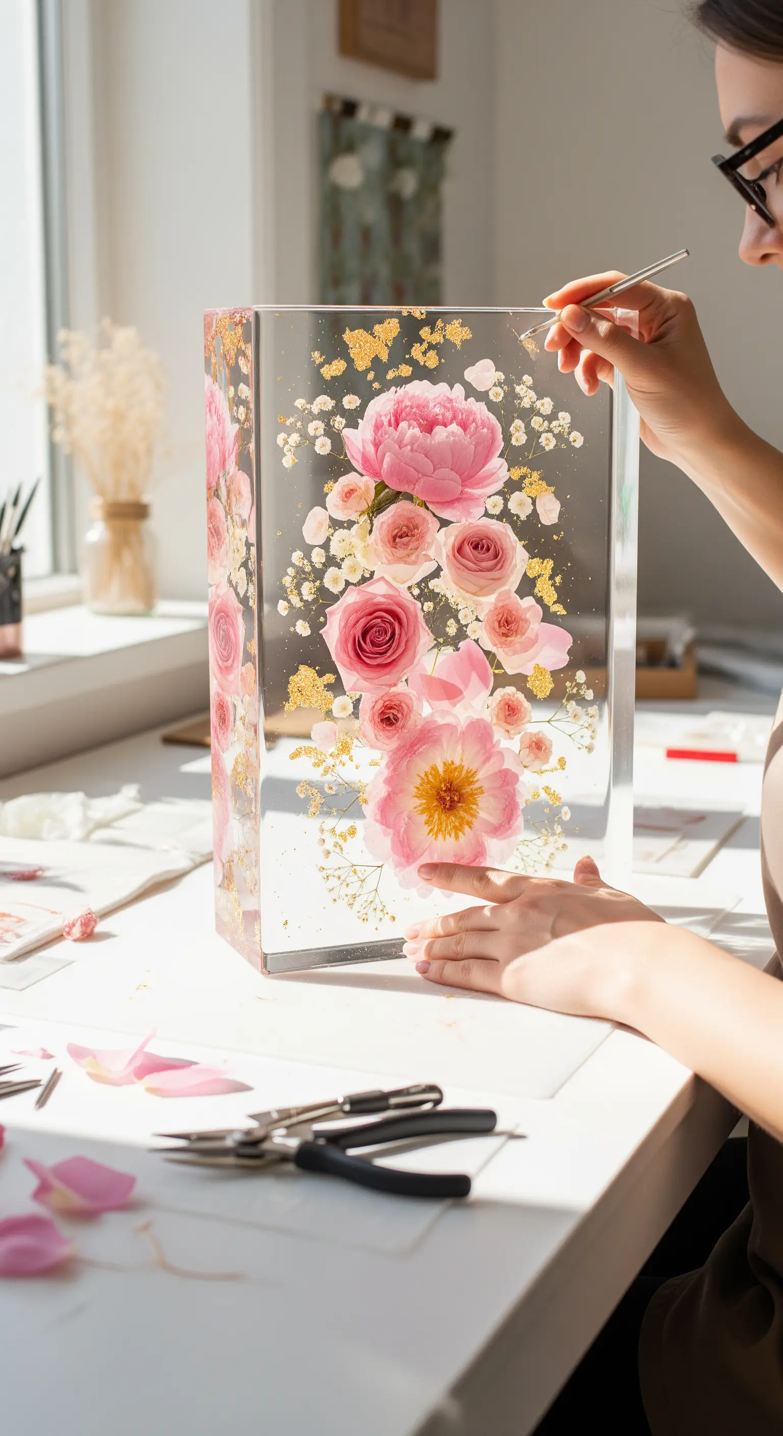 Donna che decora un blocco di resina con peonie e foglia d'oro.