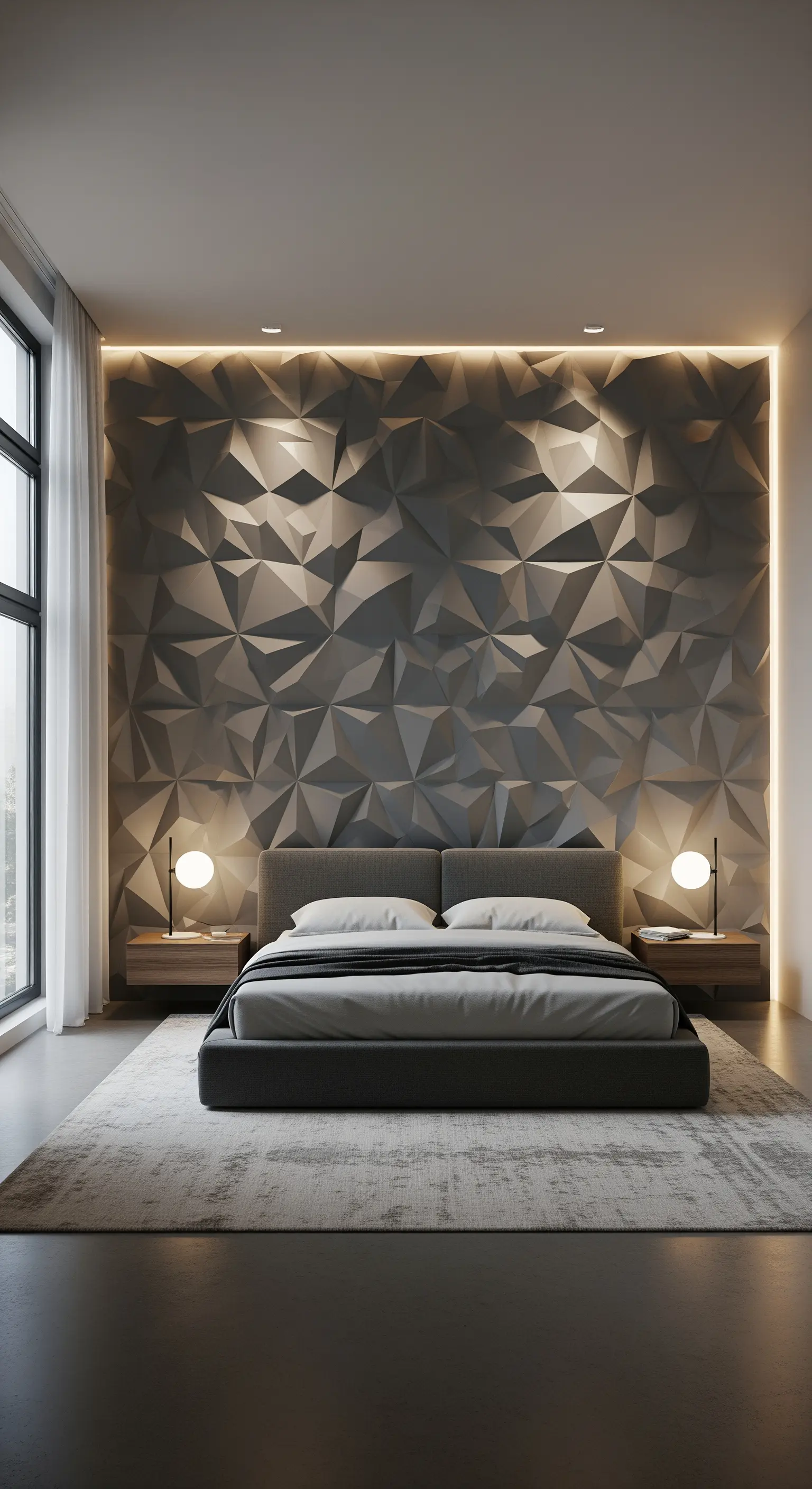 Parete con pannelli 3D geometrici grigi, illuminata dall'alto da una striscia LED.