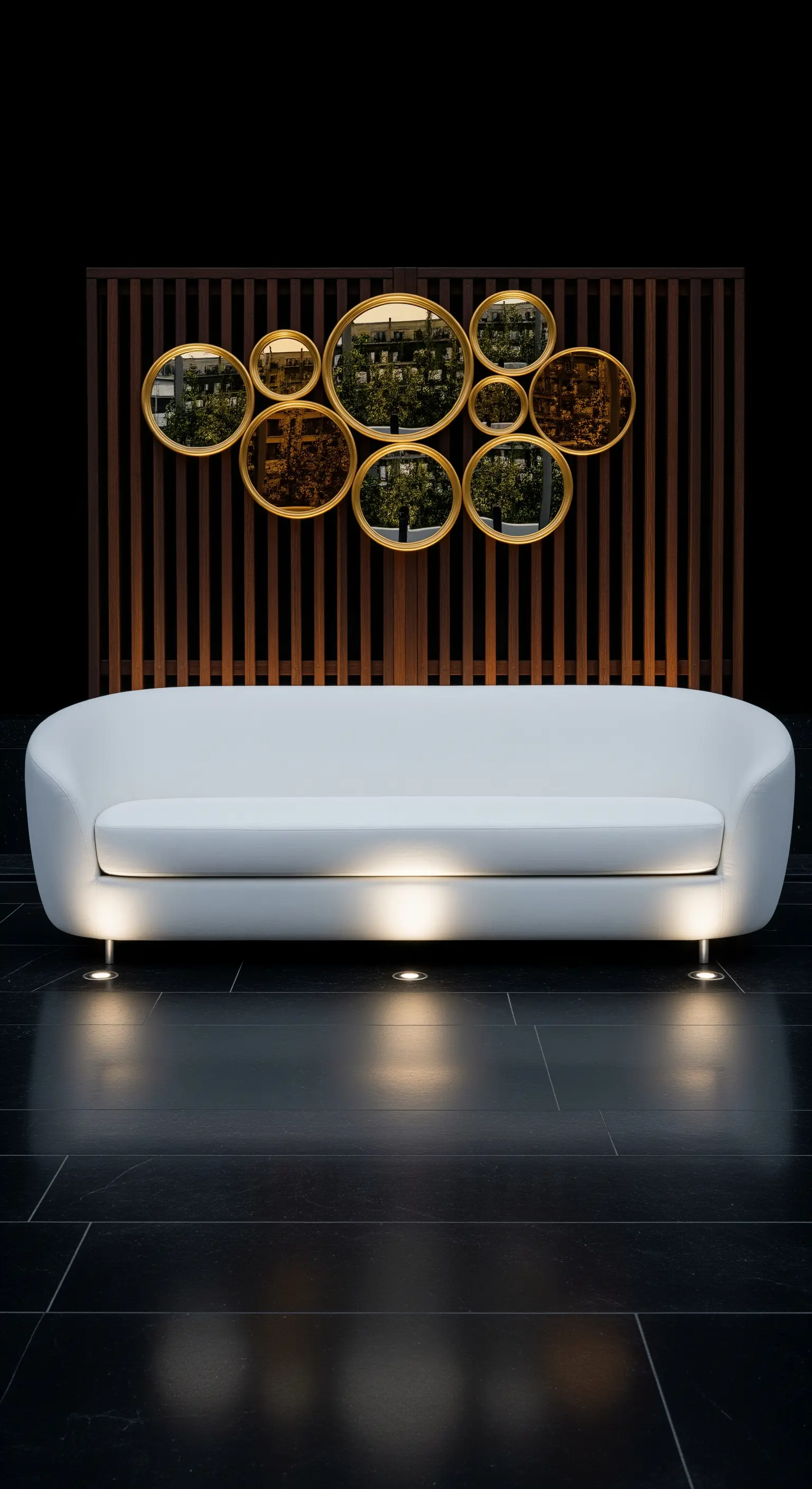 Divano bianco curvo davanti a una parete a listelli di legno con specchi rotondi dorati.