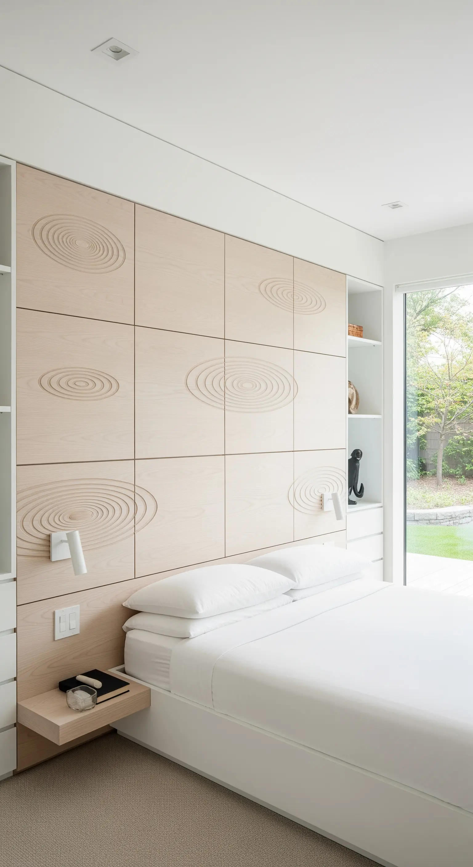 Parete attrezzata in legno chiaro con pannelli incisi a cerchi concentrici come testiera.