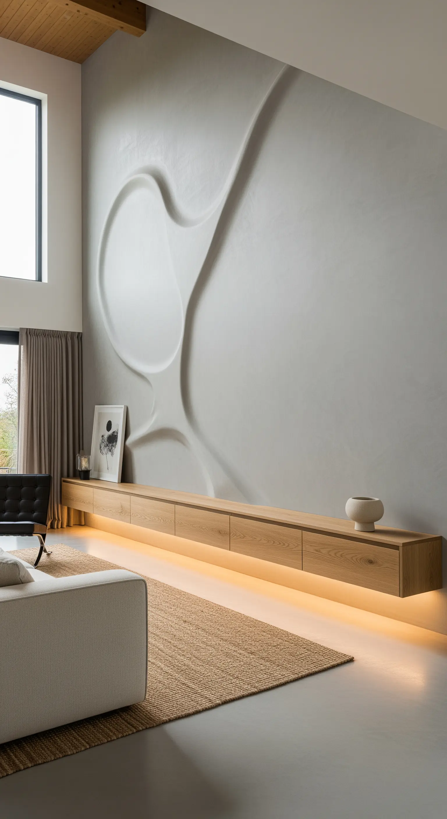 Parete scultorea in microcemento con mobile in legno sospeso e illuminato da LED caldi.