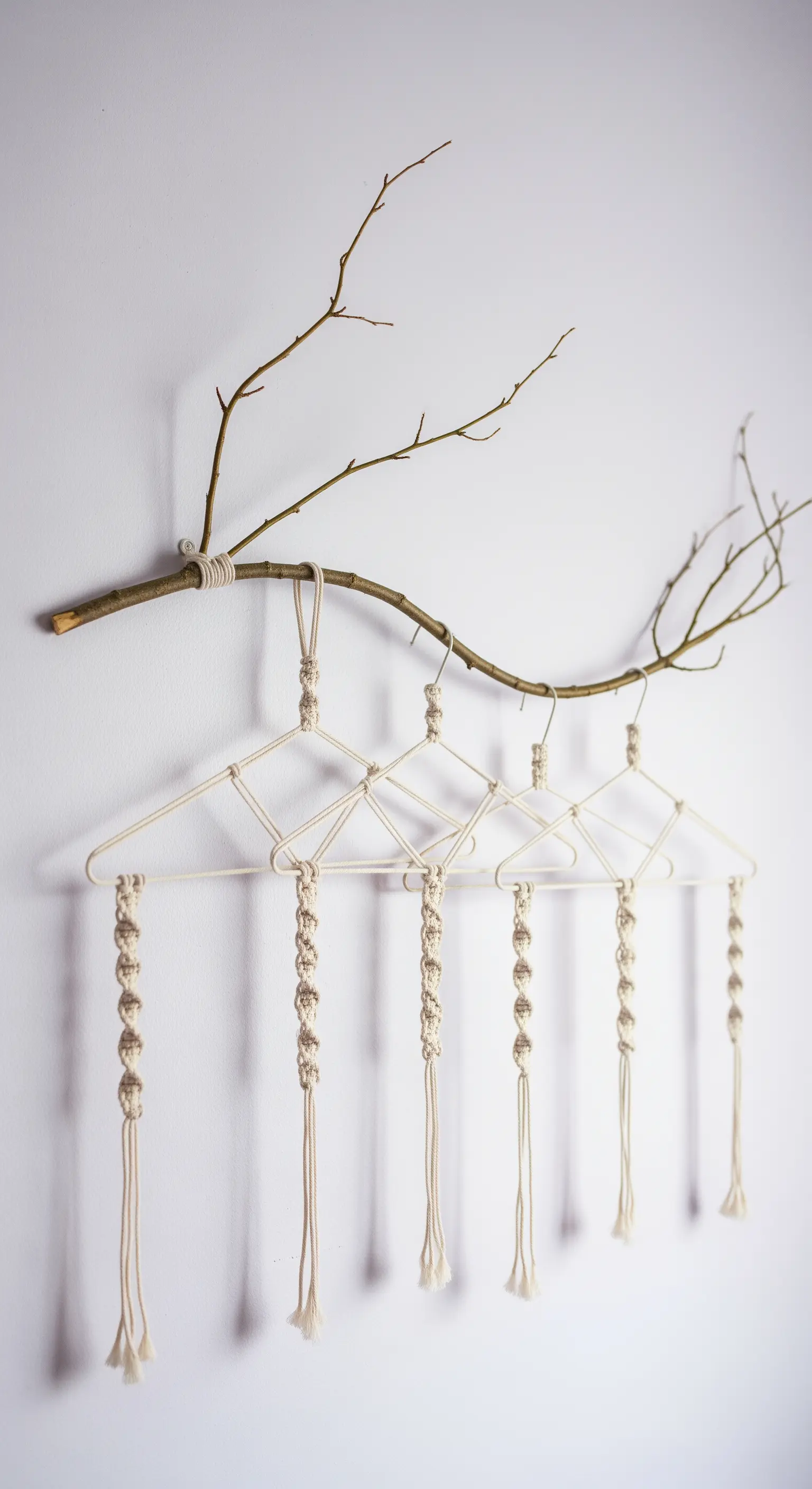 Ramo scultoreo fissato al muro che funge da supporto per grucce decorate in macramè.