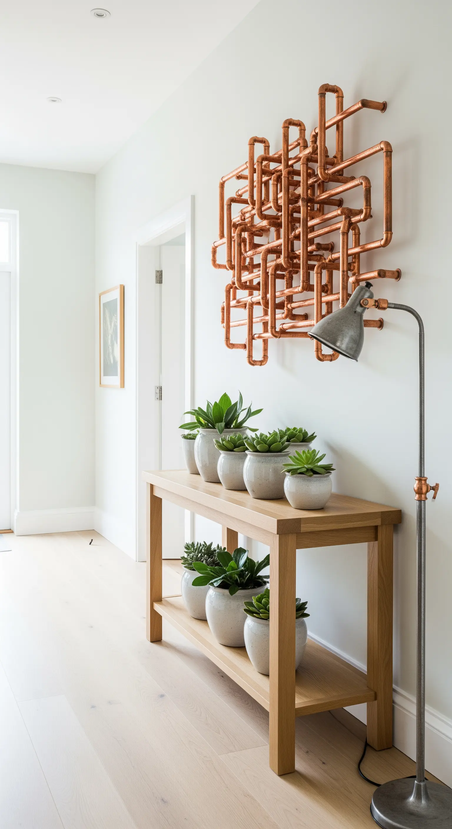 Scultura a parete in tubi di rame sopra una consolle in legno con piante.