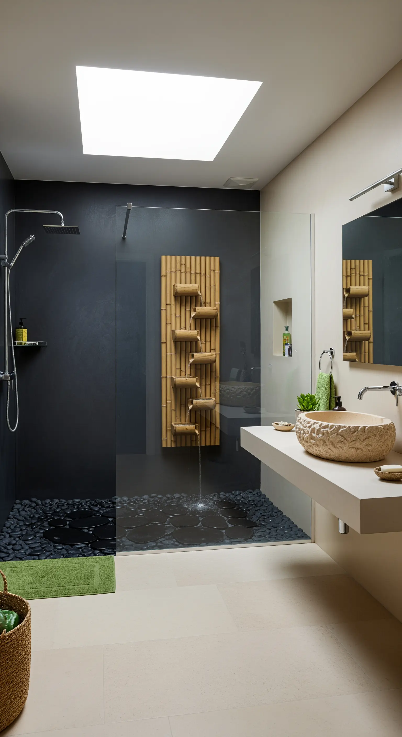 Doccia moderna con parete scura, pavimento in ciottoli neri e fontana a muro in bambù.