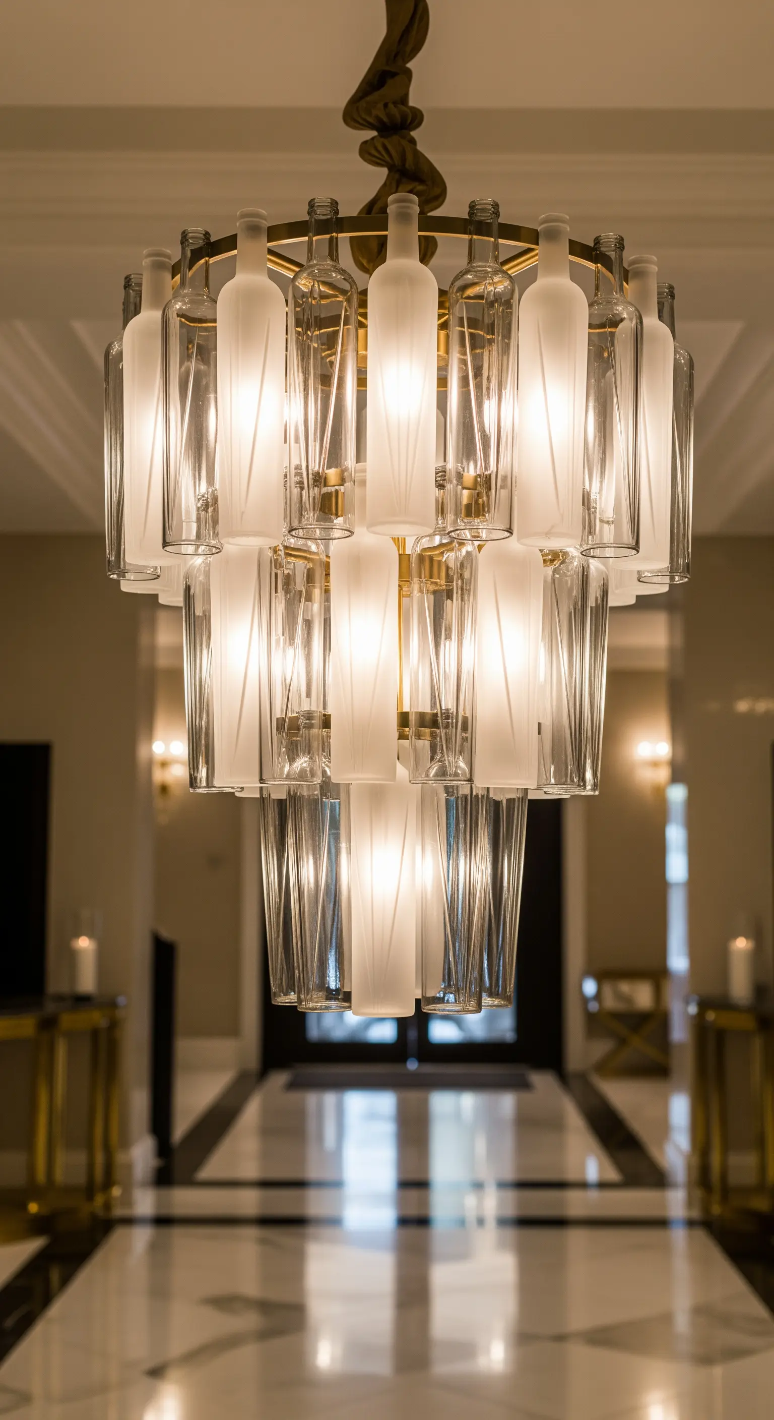 Imponente lampadario a più livelli realizzato con decine di bottiglie di vetro satinato e trasparente.
