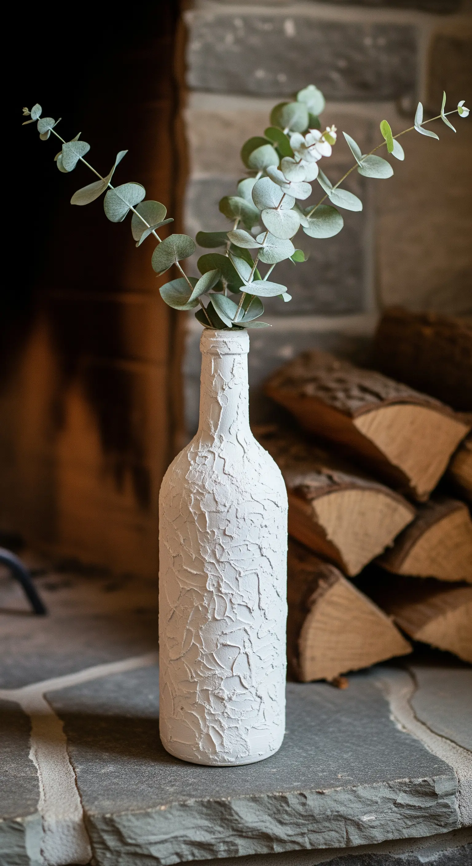 Bottiglia di vino bianca con una finitura texturizzata che imita l'intonaco grezzo.