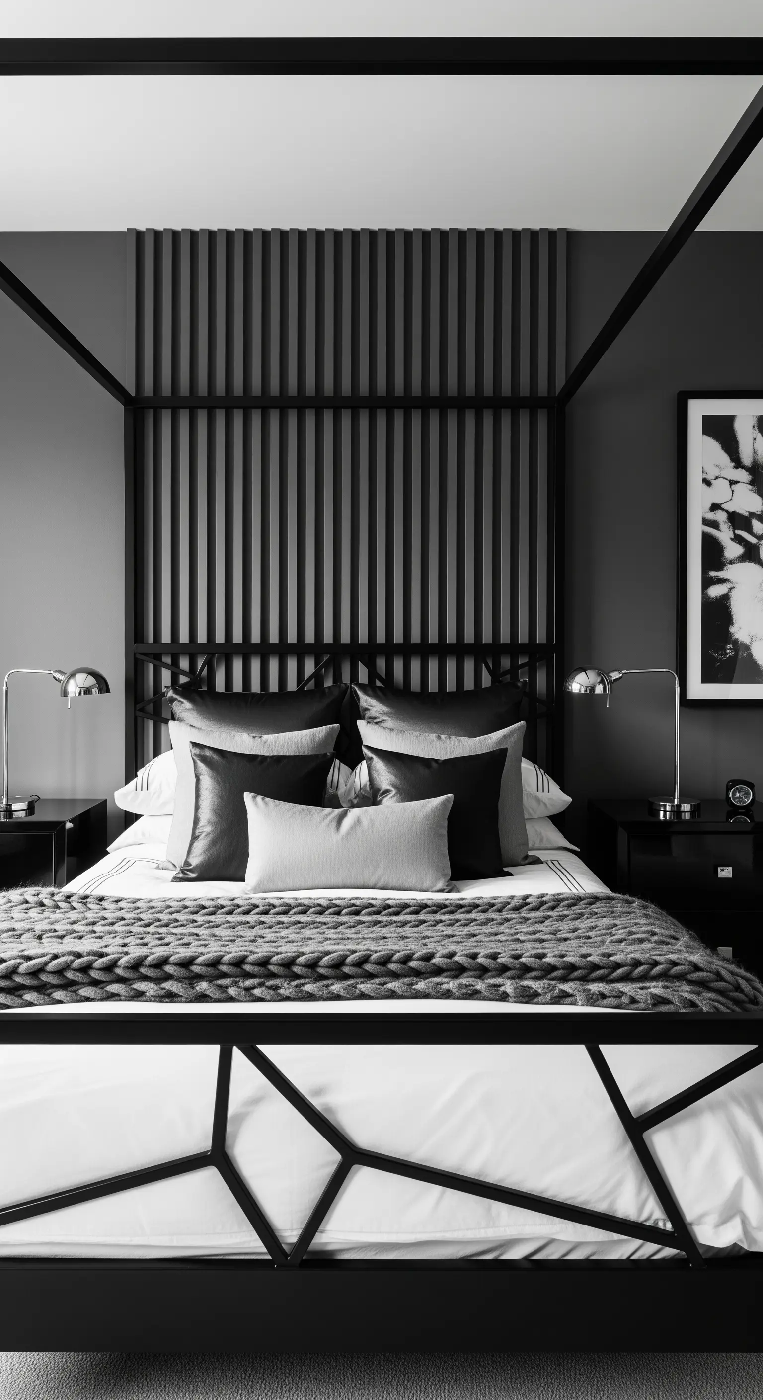 Letto a baldacchino nero con testiera e pediera a listelli verticali in una camera monocromatica.