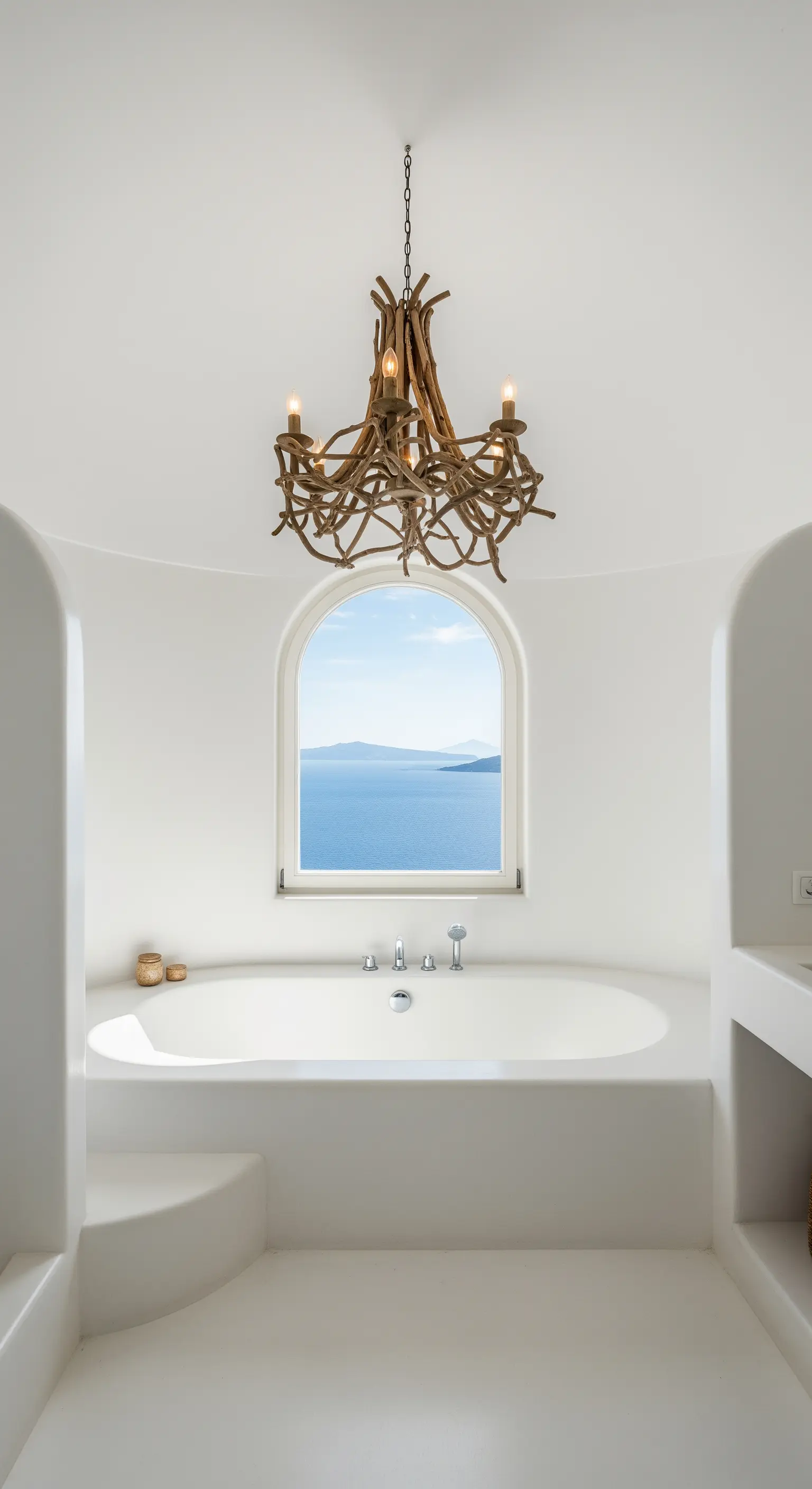 Bagno bianco in stile greco con un lampadario fatto di rami di legno e finestra sul mare.