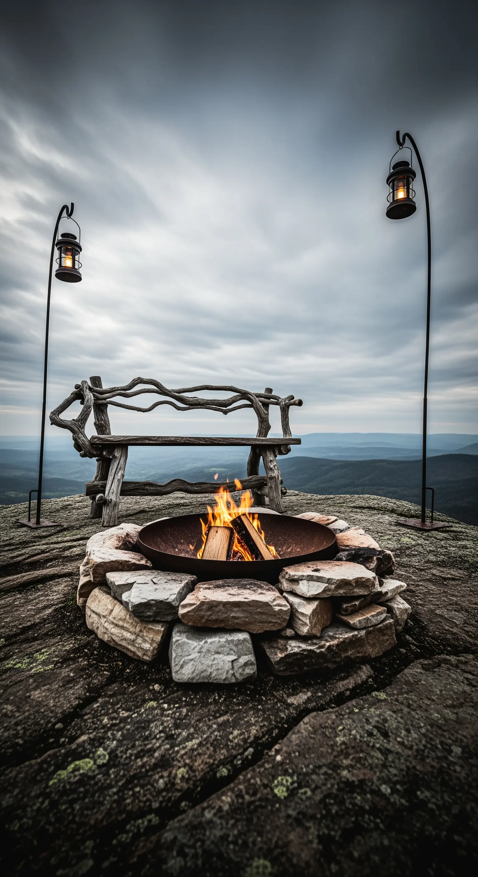 Panca scultorea in legno grezzo su una roccia panoramica, con un braciere e due lanterne.