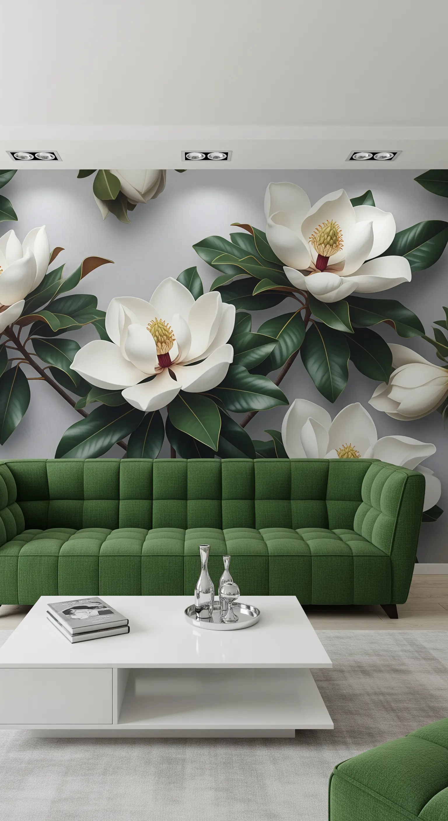 Salotto minimalista con wallpaper 3D a magnolie e divano trapuntato verde salvia.
