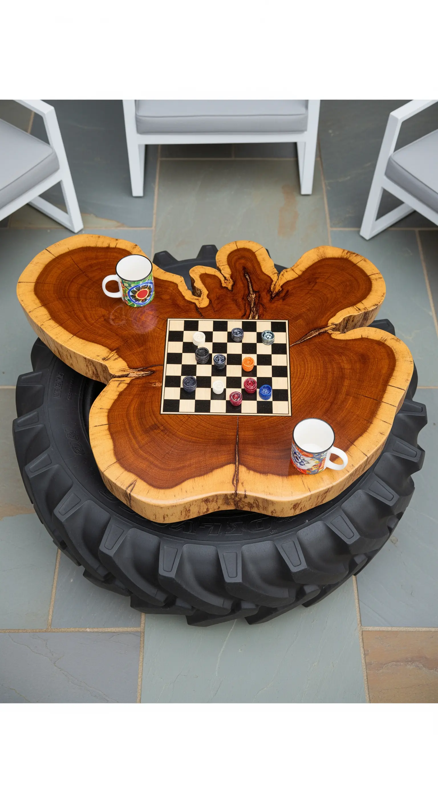 Grande tavolino da esterno con base in pneumatico da trattore e piano in legno massiccio irregolare.