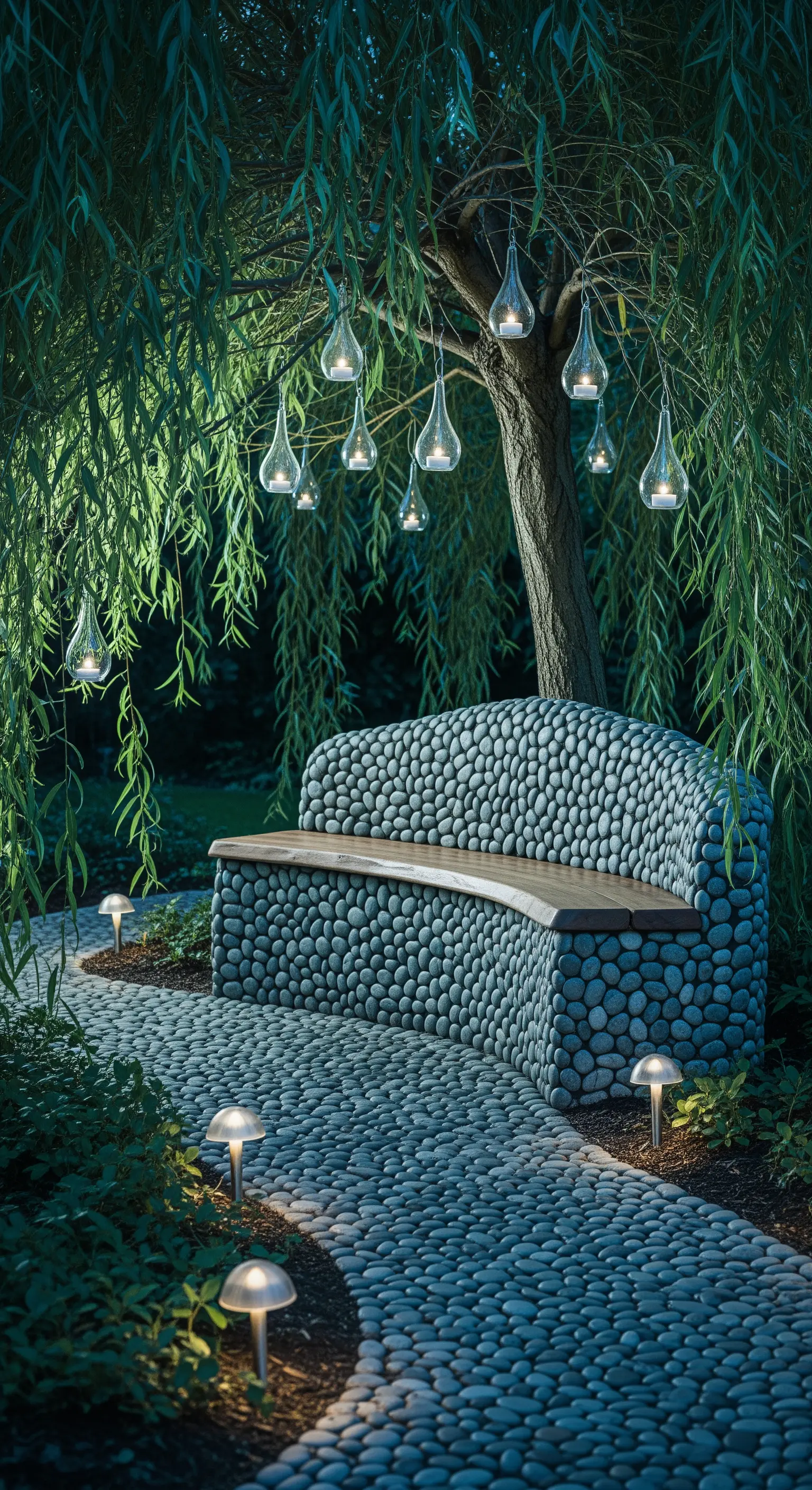 Panca scultorea in ciottoli di fiume sotto un salice con luci pendenti a forma di goccia.