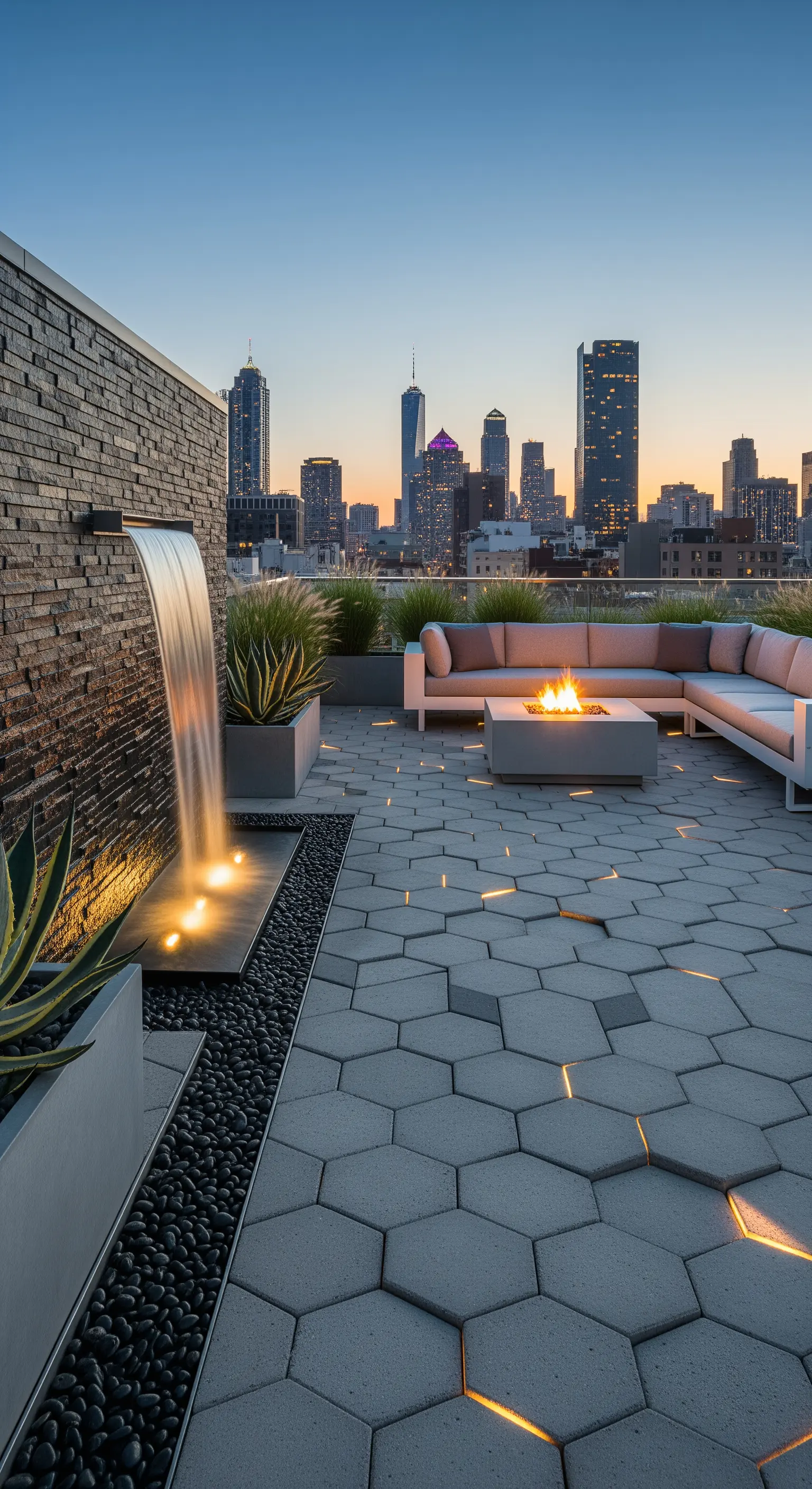 Terrazza moderna con cascata, braciere e pavimentazione esagonale illuminata dal basso
