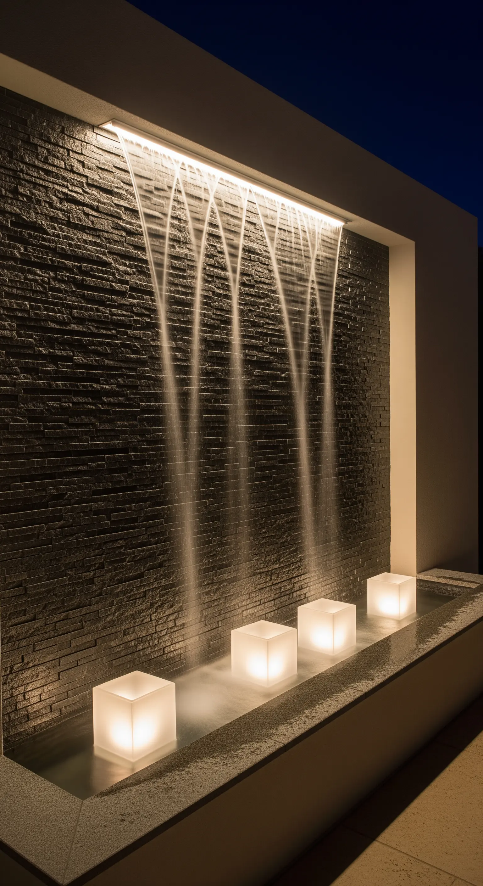 Fontana moderna a parete con cascata illuminata da una striscia LED e cubi luminosi.