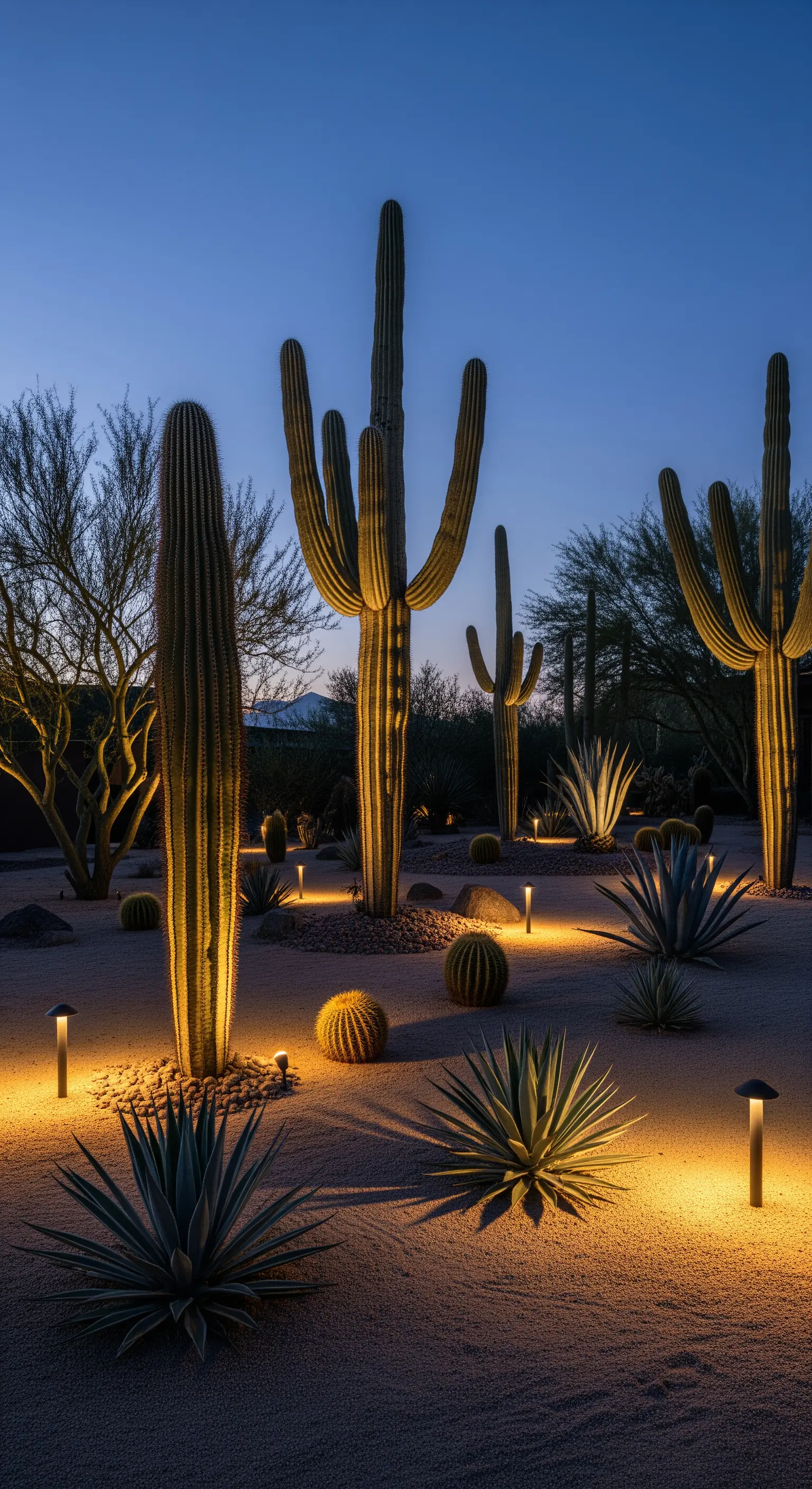Giardino desertico con cactus e agavi illuminati dal basso da piccoli faretti.