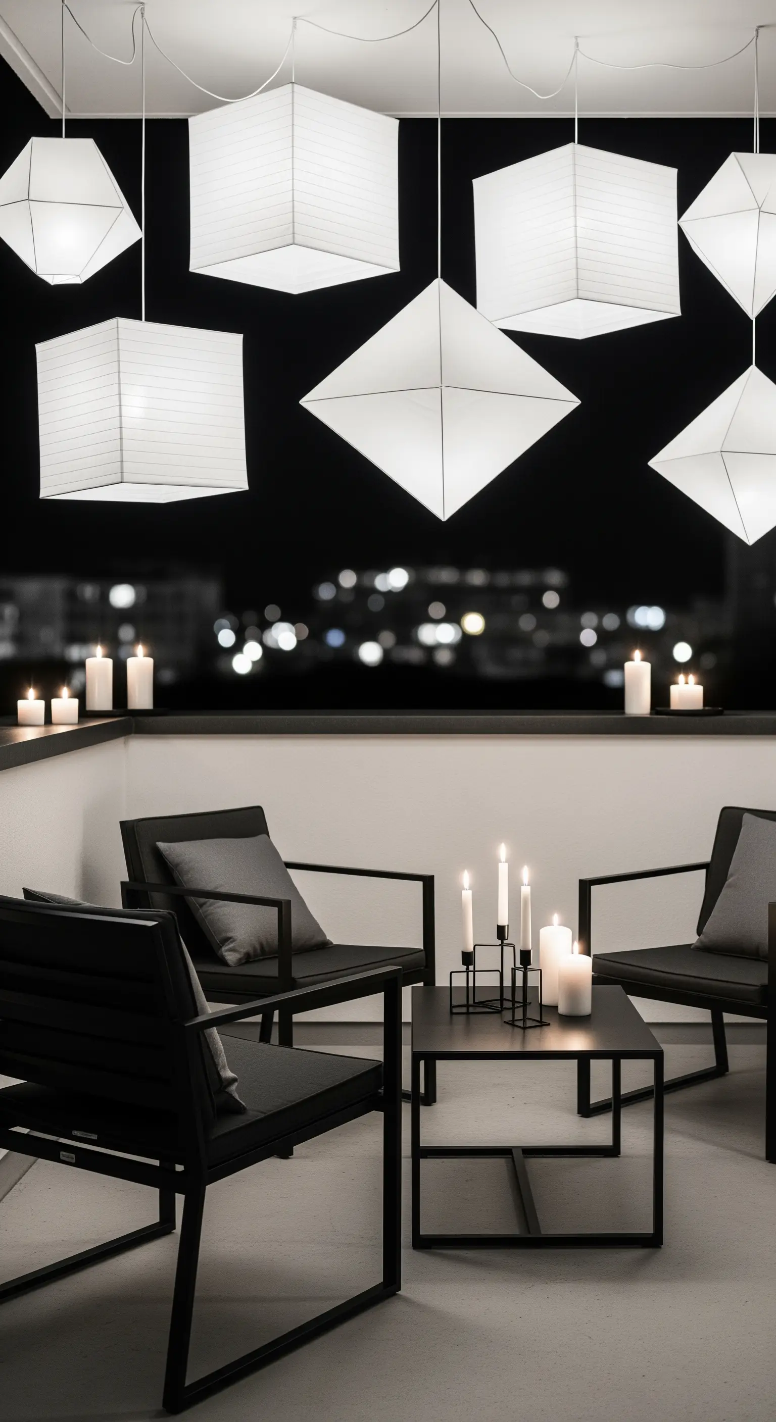 Balcone minimalista con lanterne di carta a forma geometrica sospese e arredi neri