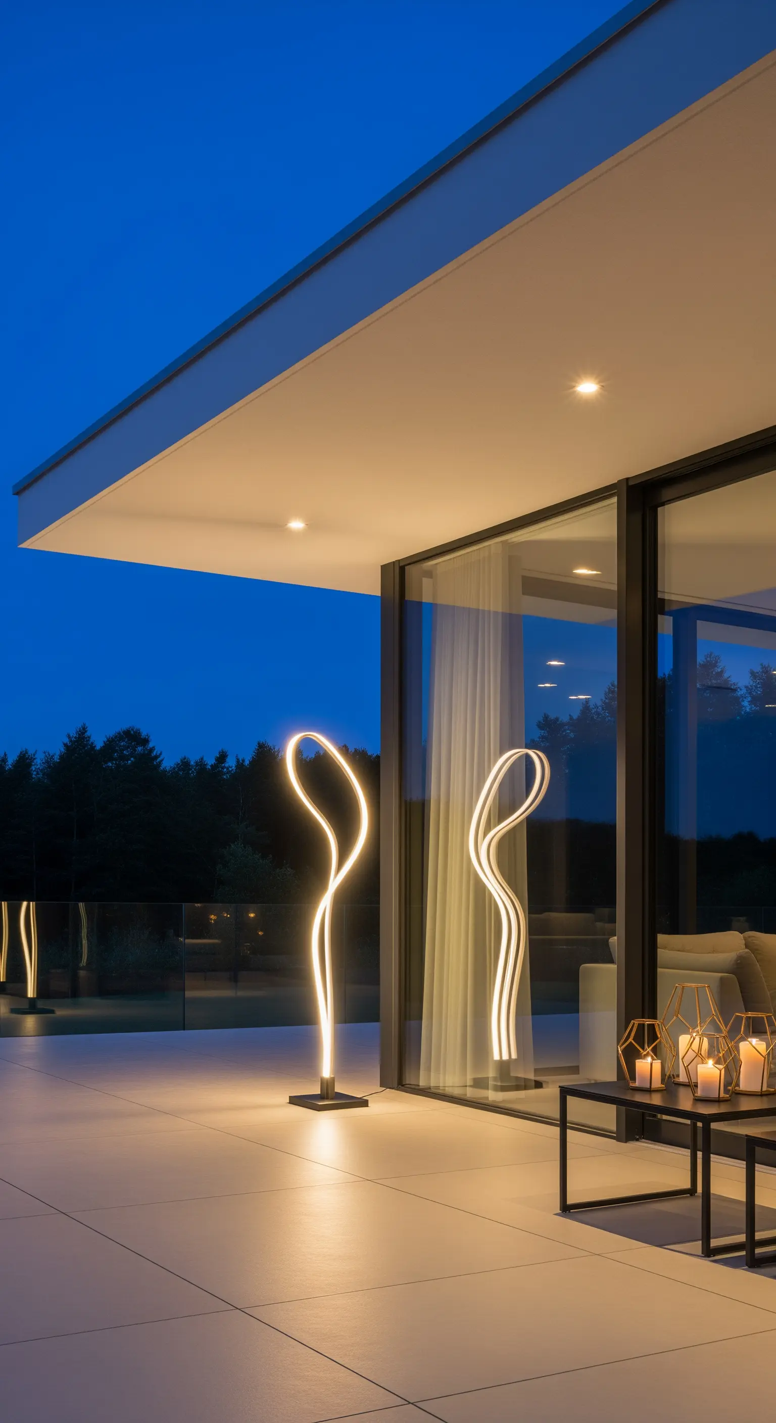 Terrazza moderna al crepuscolo con due lampade da terra a LED dal design scultoreo.