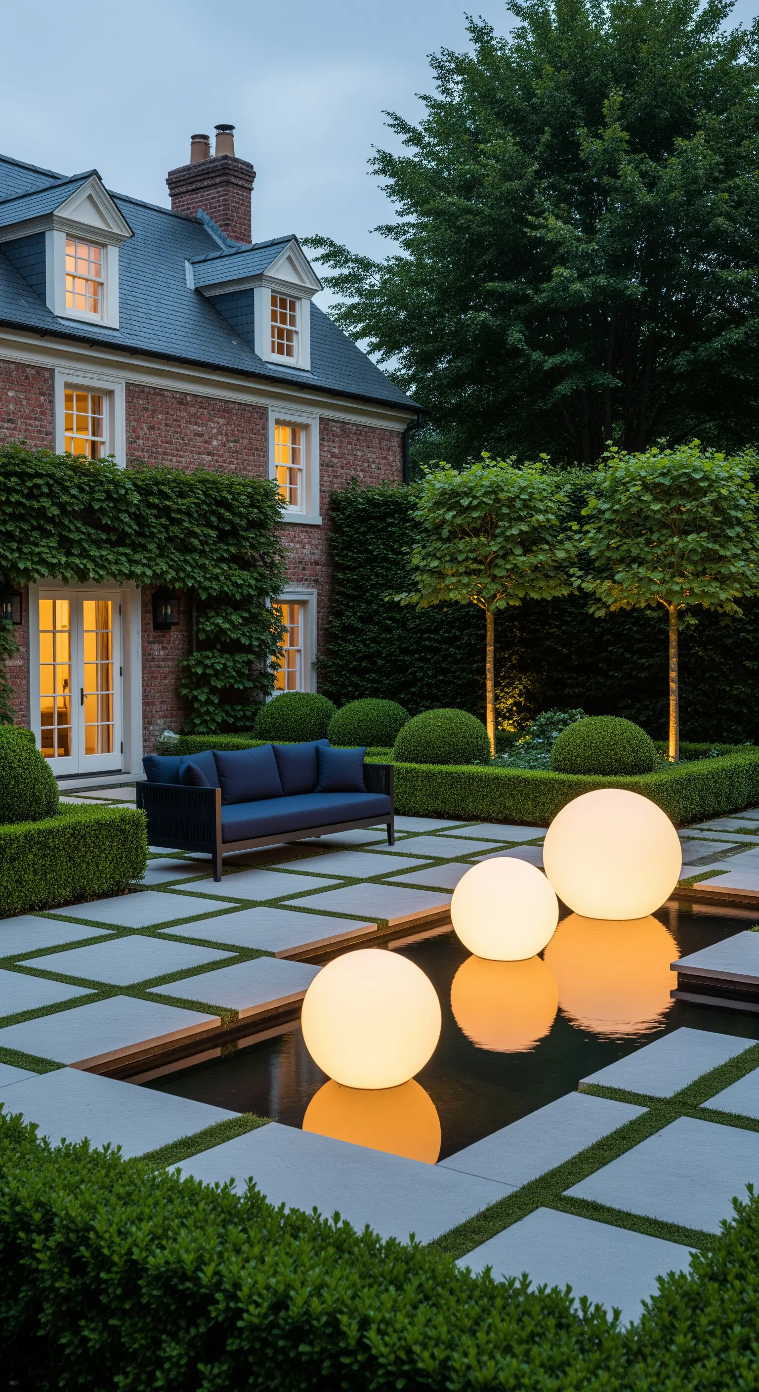 Giardino formale con sfere luminose galleggianti in una vasca d'acqua.