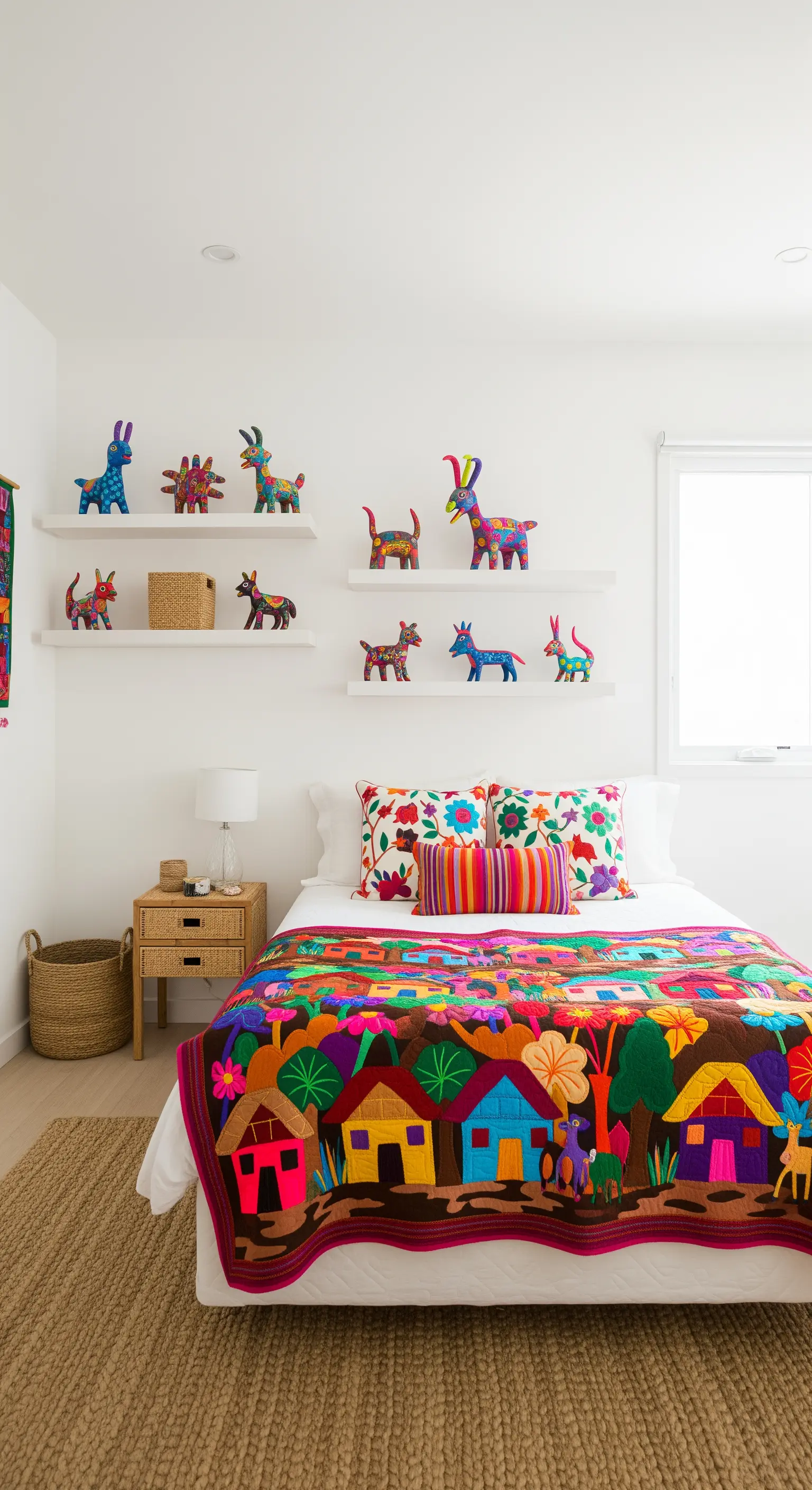 Parete bianca con mensole che espongono statuette di animali messicani (Alebrijes) e un letto con quilt colorato.