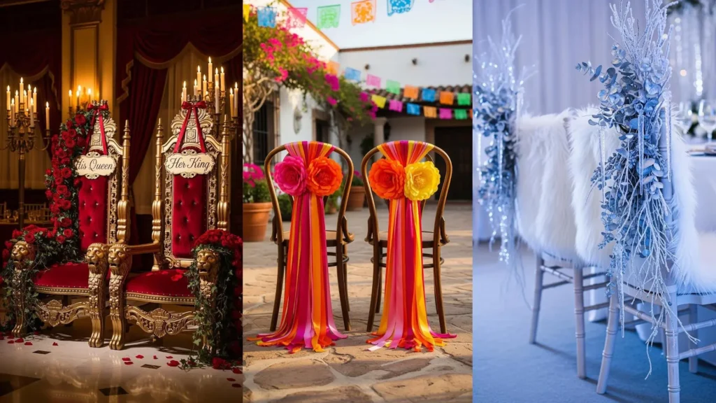 Sedie degli sposi decorate con amore: nastri, fiori e insegne romantiche, mostrando stili dal regale al colorato.