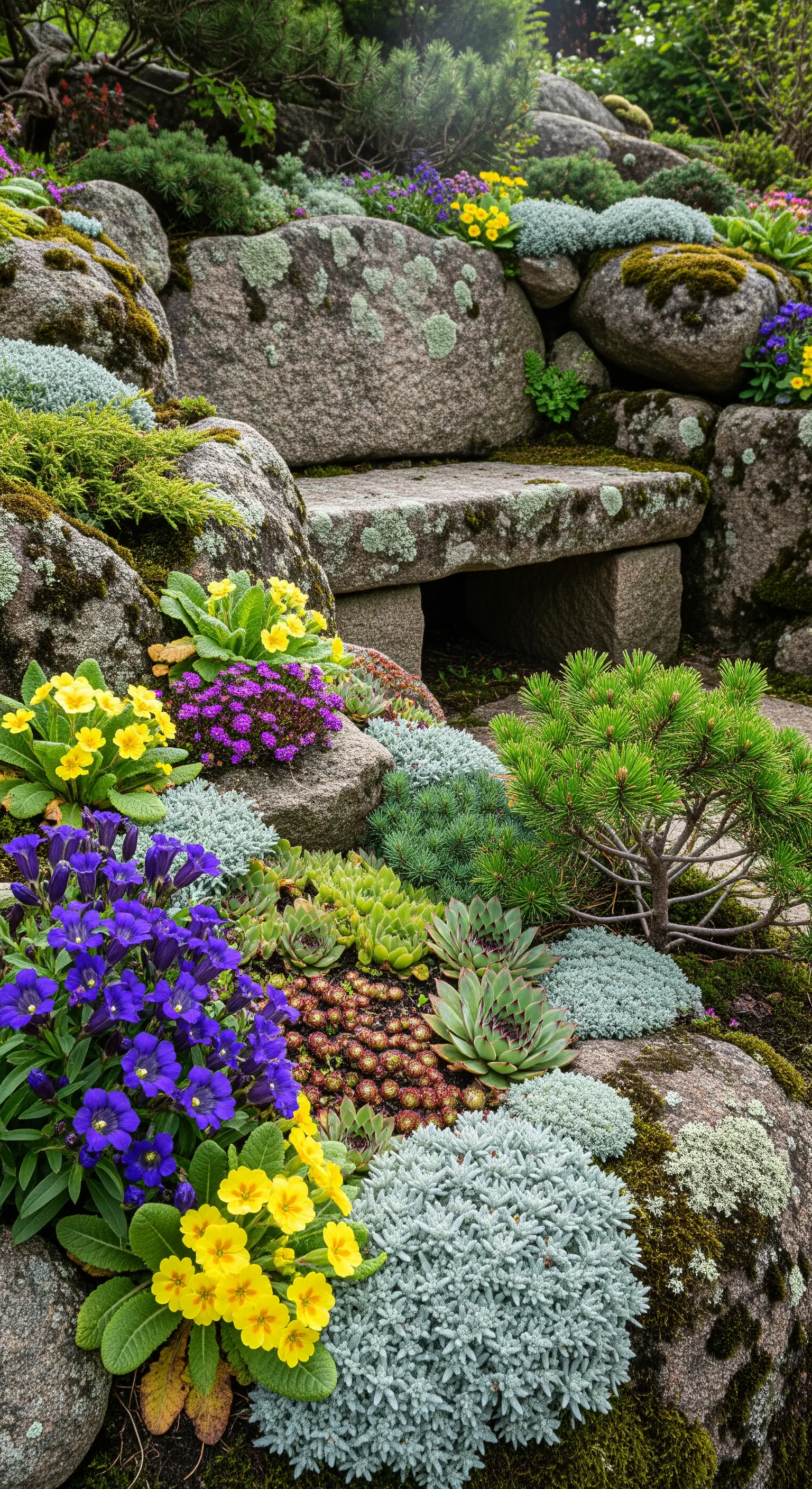 Panca in pietra integrata in un giardino roccioso, circondata da piante grasse e fiori colorati.
