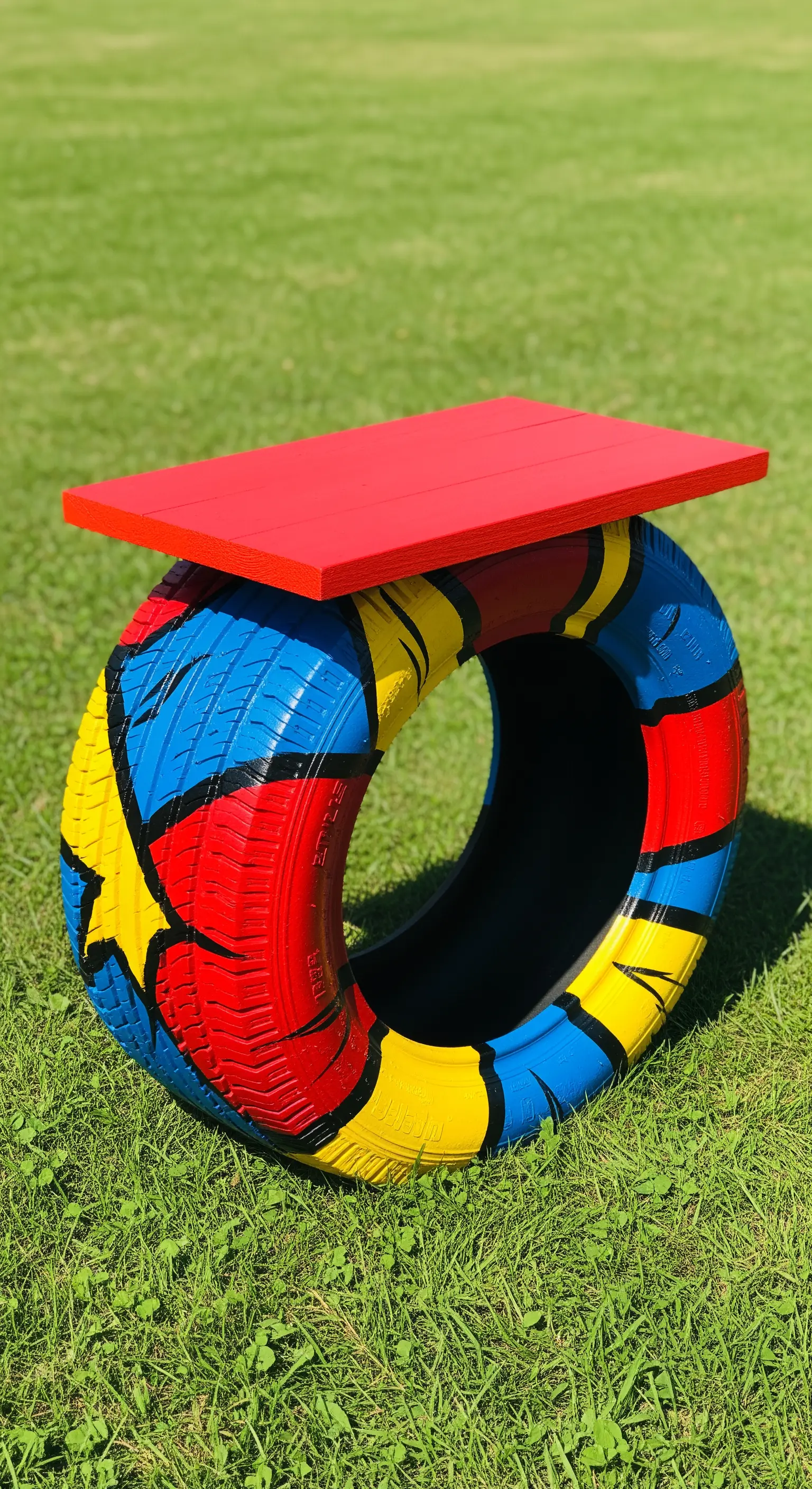 Pneumatico dipinto con un motivo colorato in stile pop-art e un piano rosso.