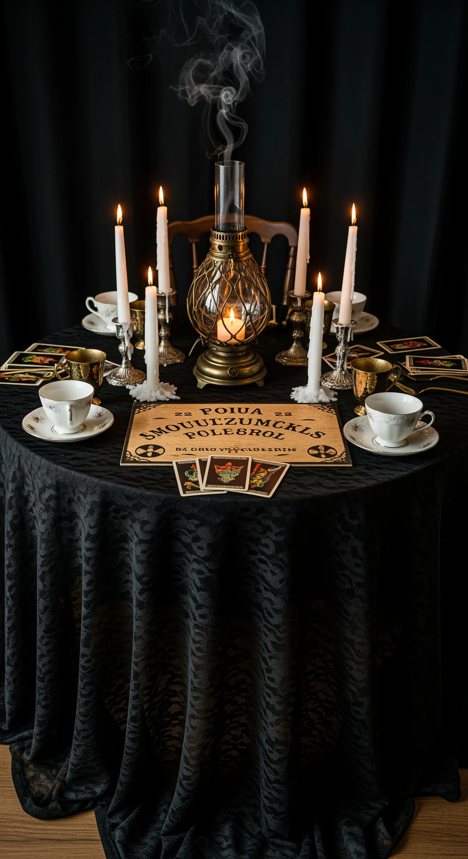 Tavolo da seduta spiritica con tavoletta Ouija, candele e pizzo nero.