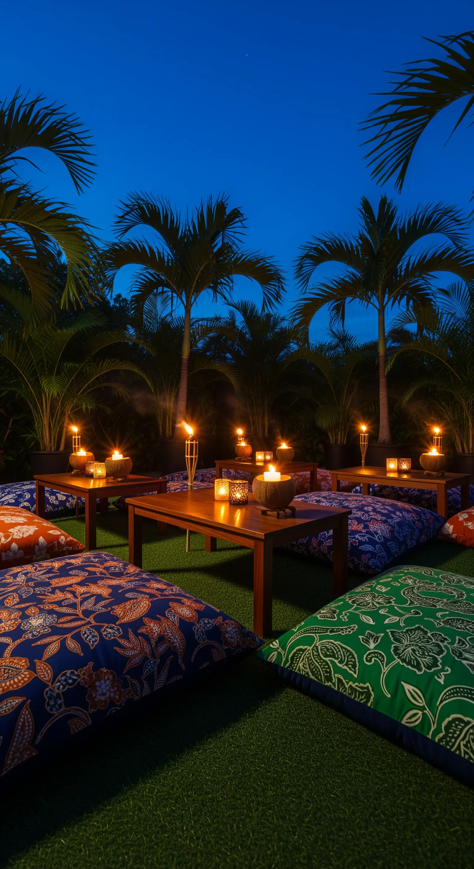 Giardino di notte con tavolini bassi, cuscini a terra e candele per un'atmosfera intima.