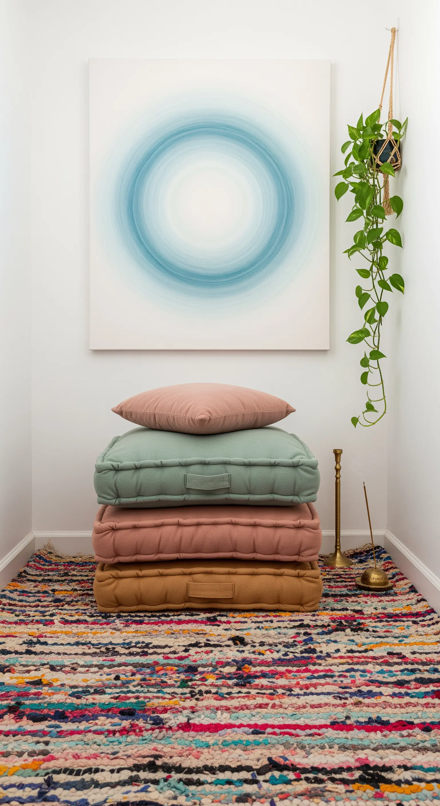 Pila di cuscini da pavimento in colori pastello su un tappeto multicolore, sotto un quadro astratto.
