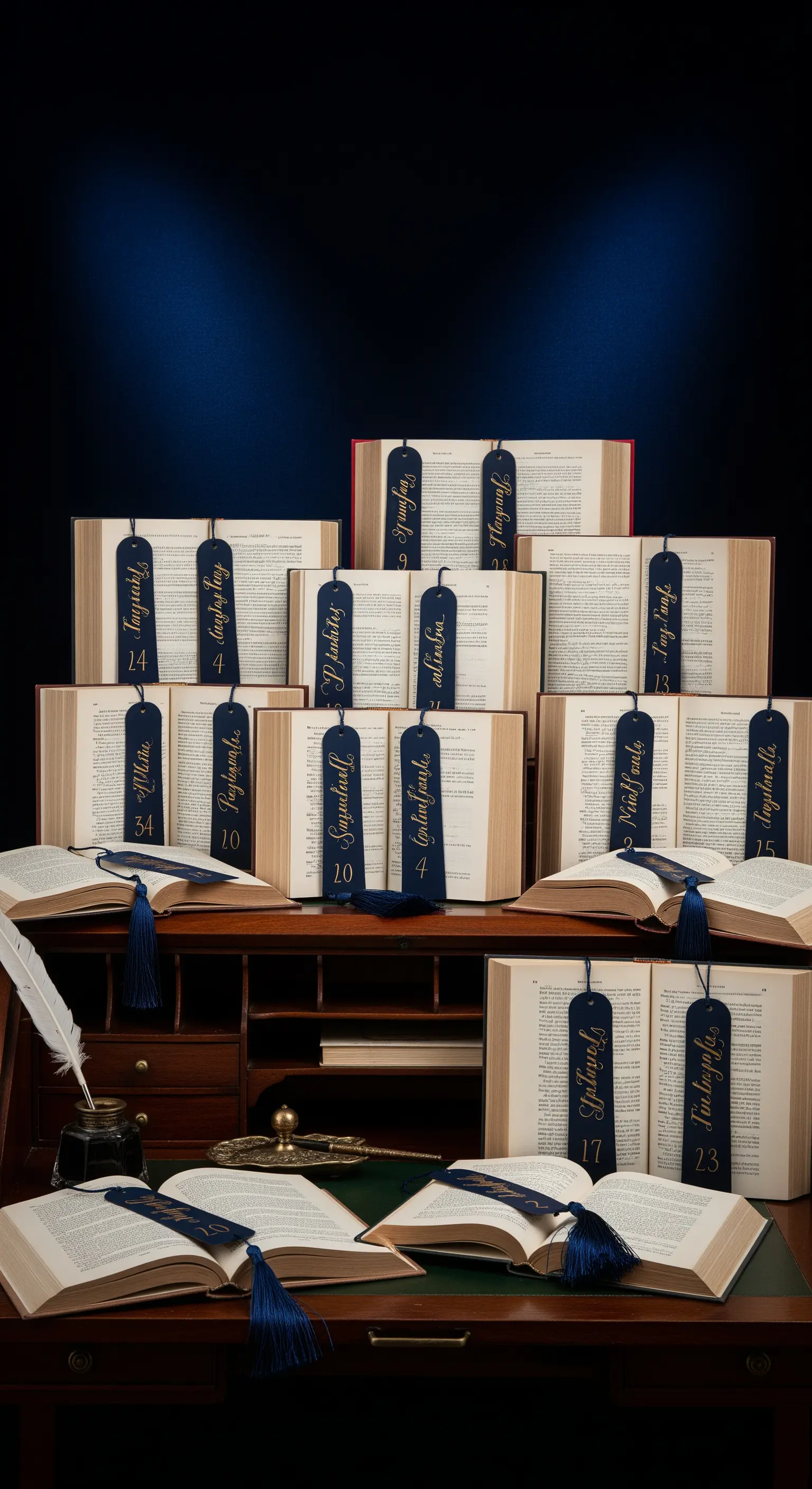 Tableau de mariage con libri aperti e segnalibri blu personalizzati con nomi e numeri dei tavoli.