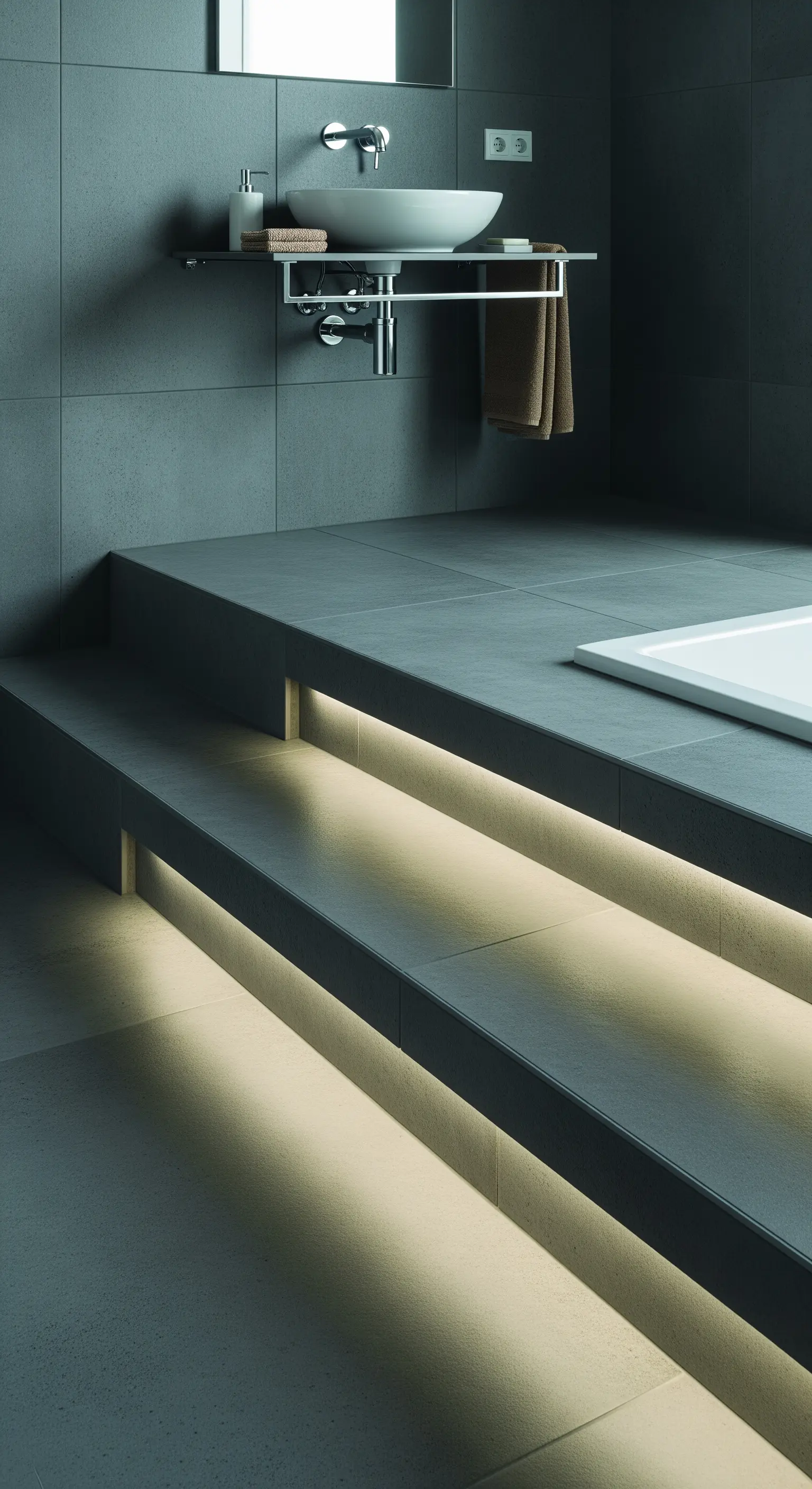 Gradini rivestiti in piastrelle grigie con strisce LED integrate per illuminare il percorso.