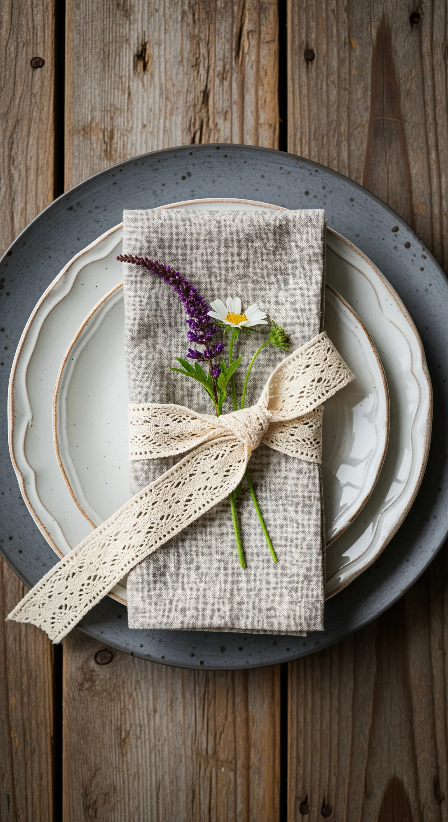 Dettaglio di un posto tavola con piatti grigi e tovagliolo di lino con pizzo e fiori