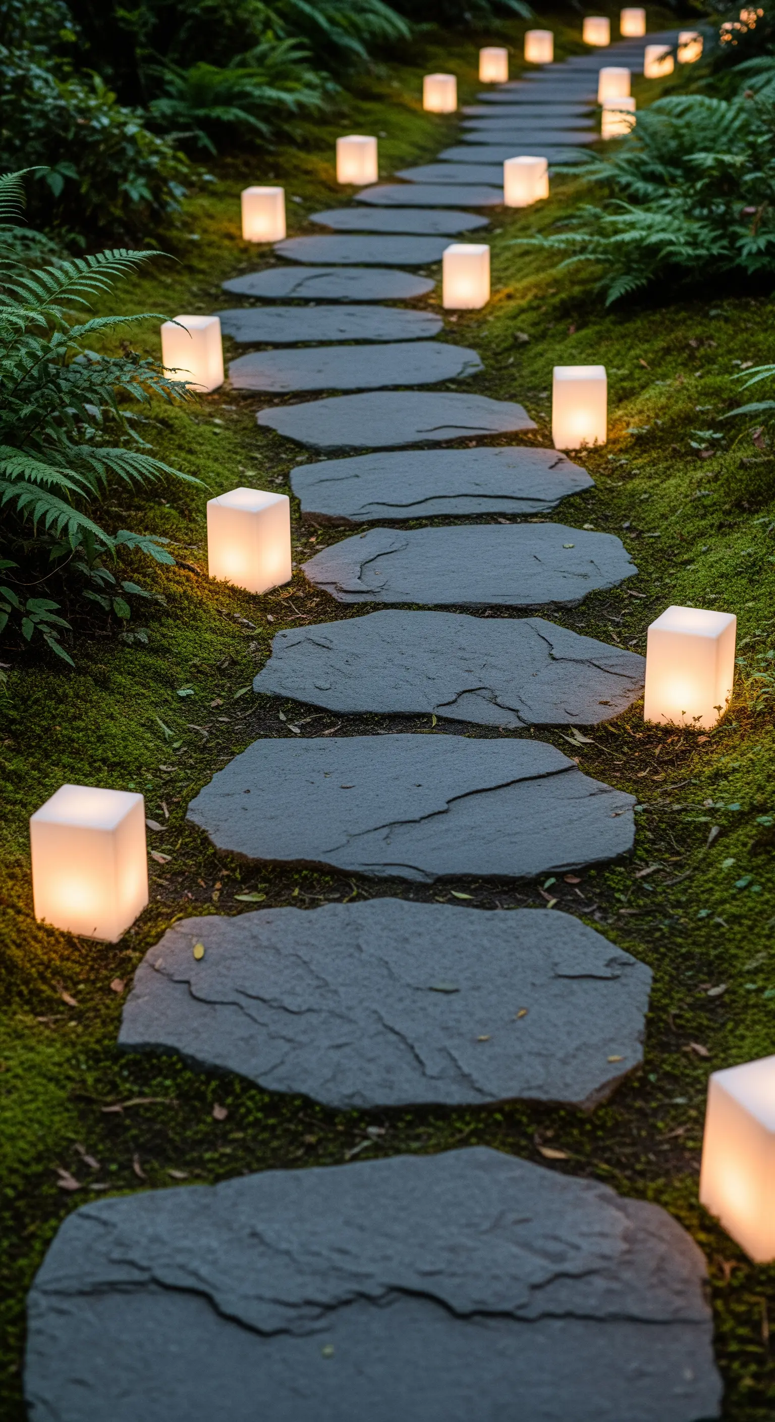 Sentiero in lastre di pietra immerso nel verde, illuminato da piccole lanterne cubiche.
