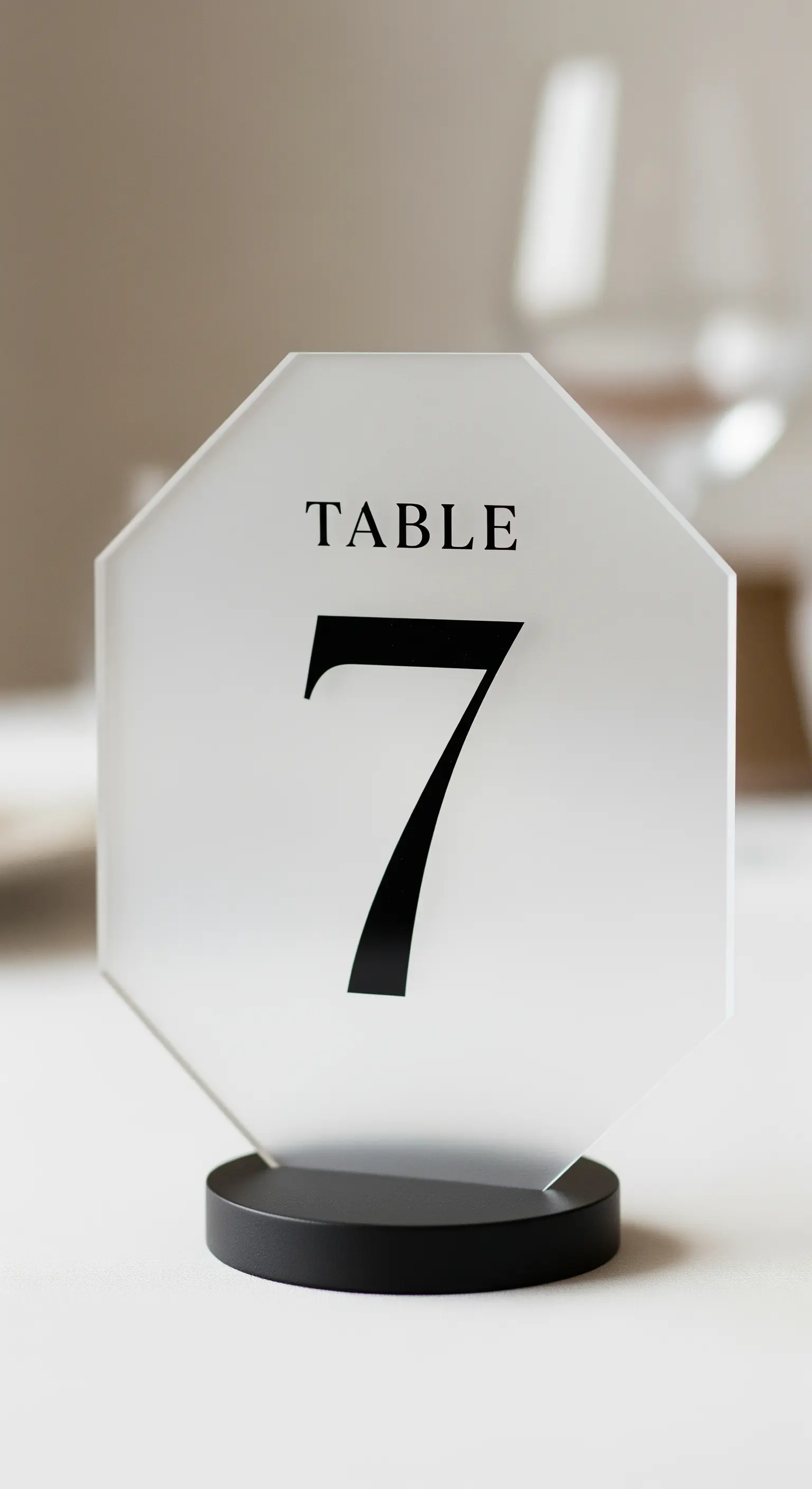 Segnatavolo ottagonale in acrilico satinato con numero nero.