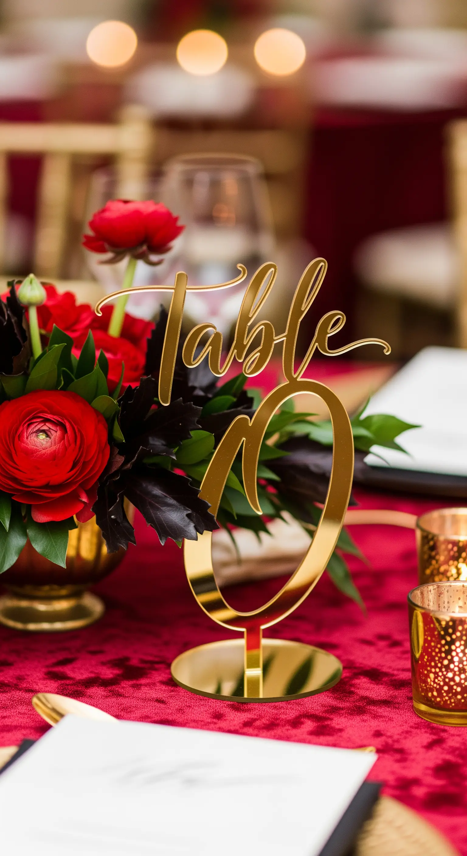 Segnatavolo dorato con scritta calligrafica 'Table 10' su una tavola apparecchiata in rosso.