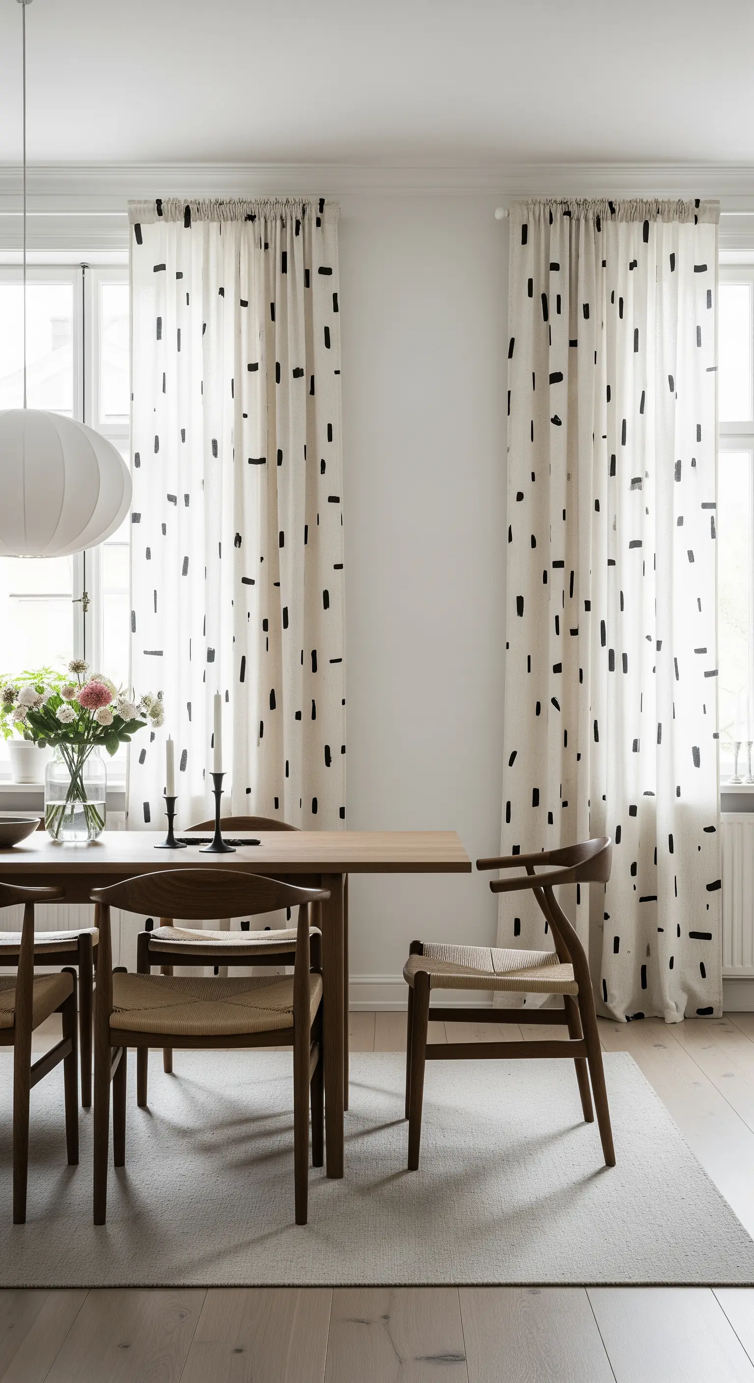 Tende bianche con un motivo a tratti neri irregolari in una sala da pranzo in stile scandinavo.