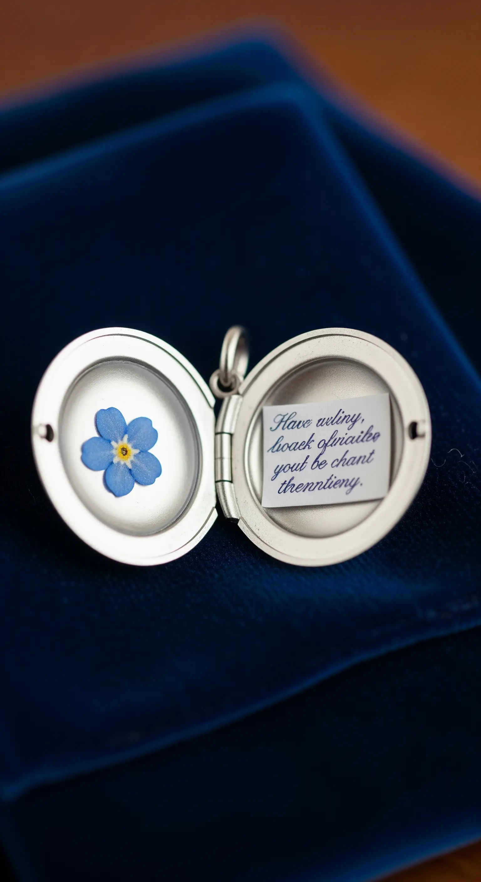 Medaglione d'argento aperto che rivela un piccolo fiore di nontiscordardime e un messaggio.