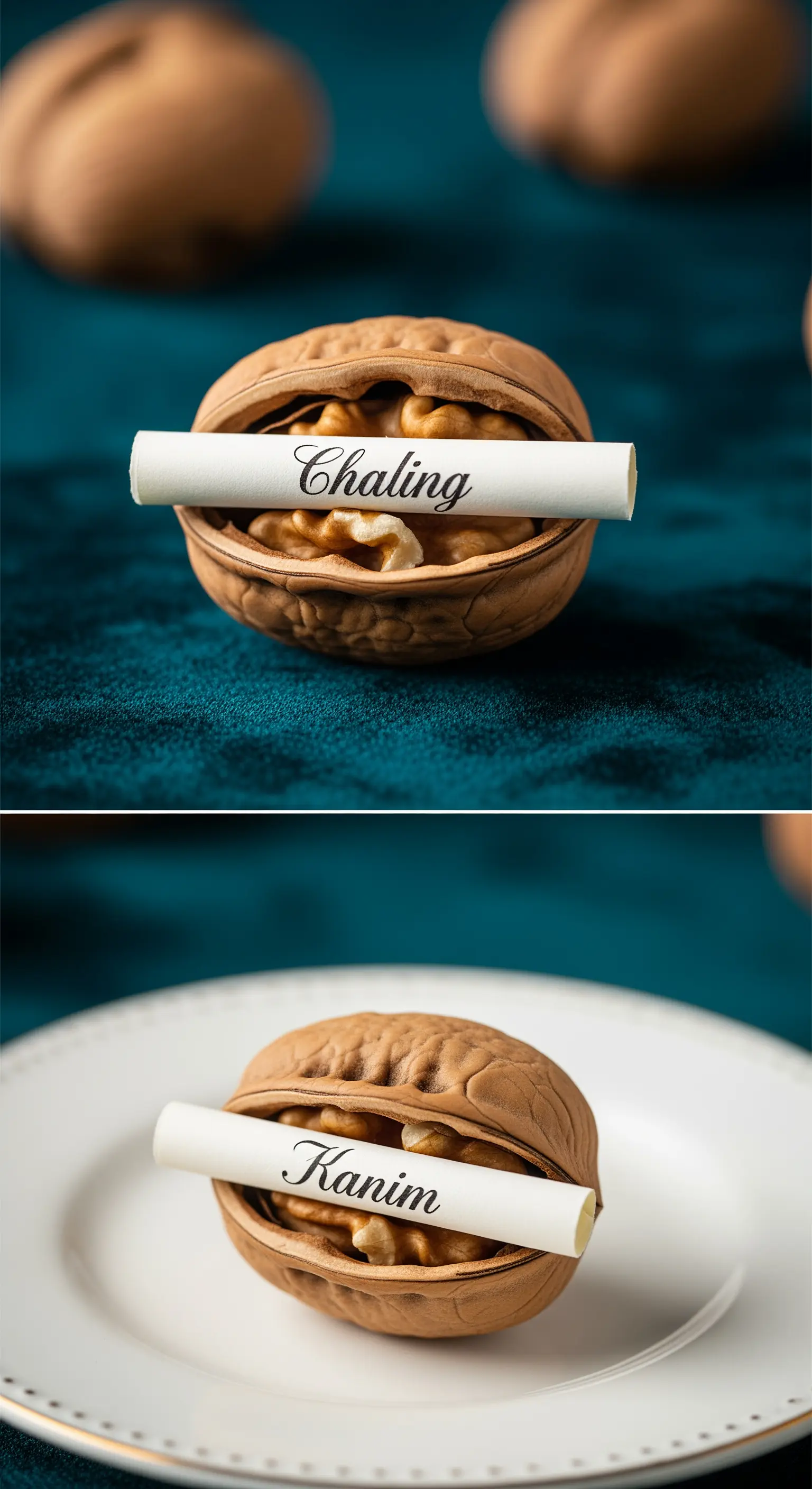 Guscio di noce aperto che contiene un piccolo biglietto arrotolato con un nome.