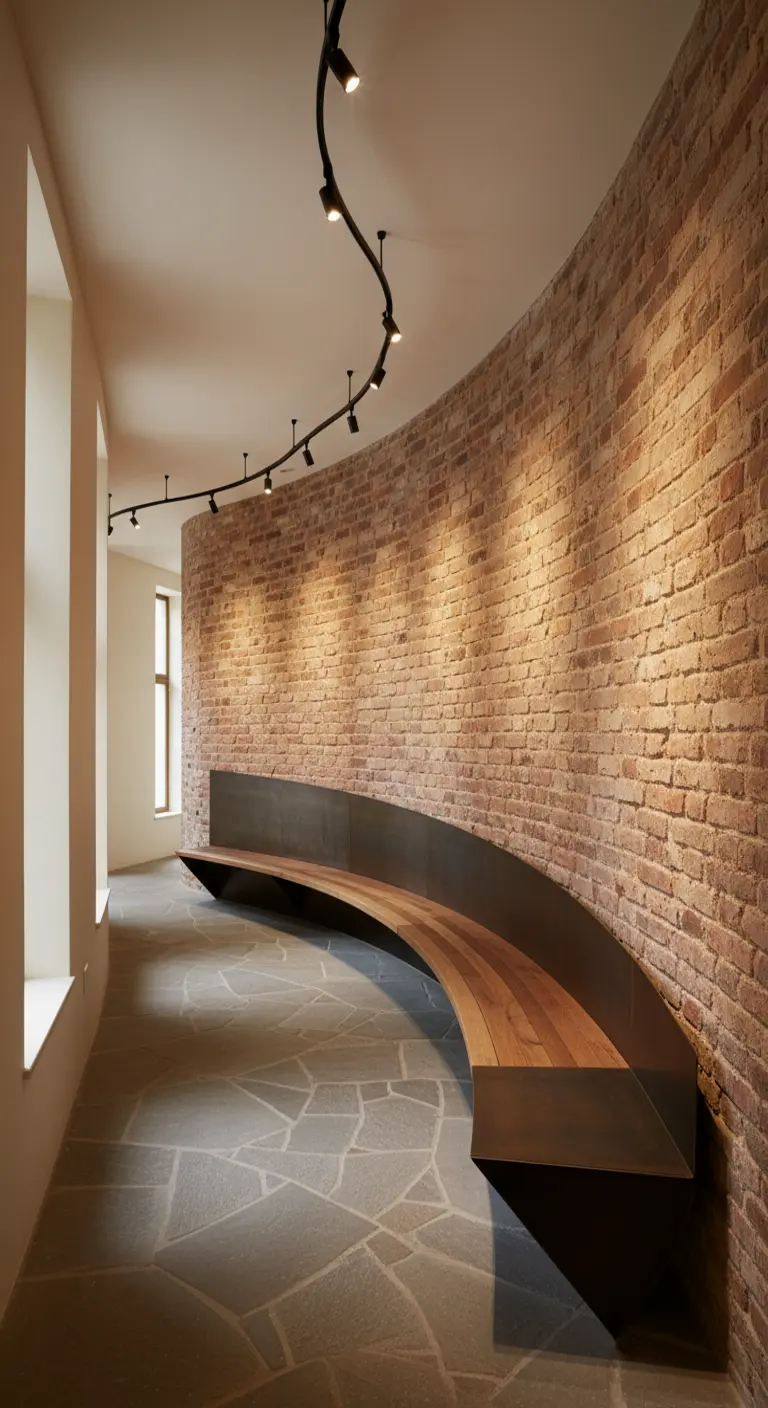 Parete curva in mattoni con panca su misura in legno e metallo.