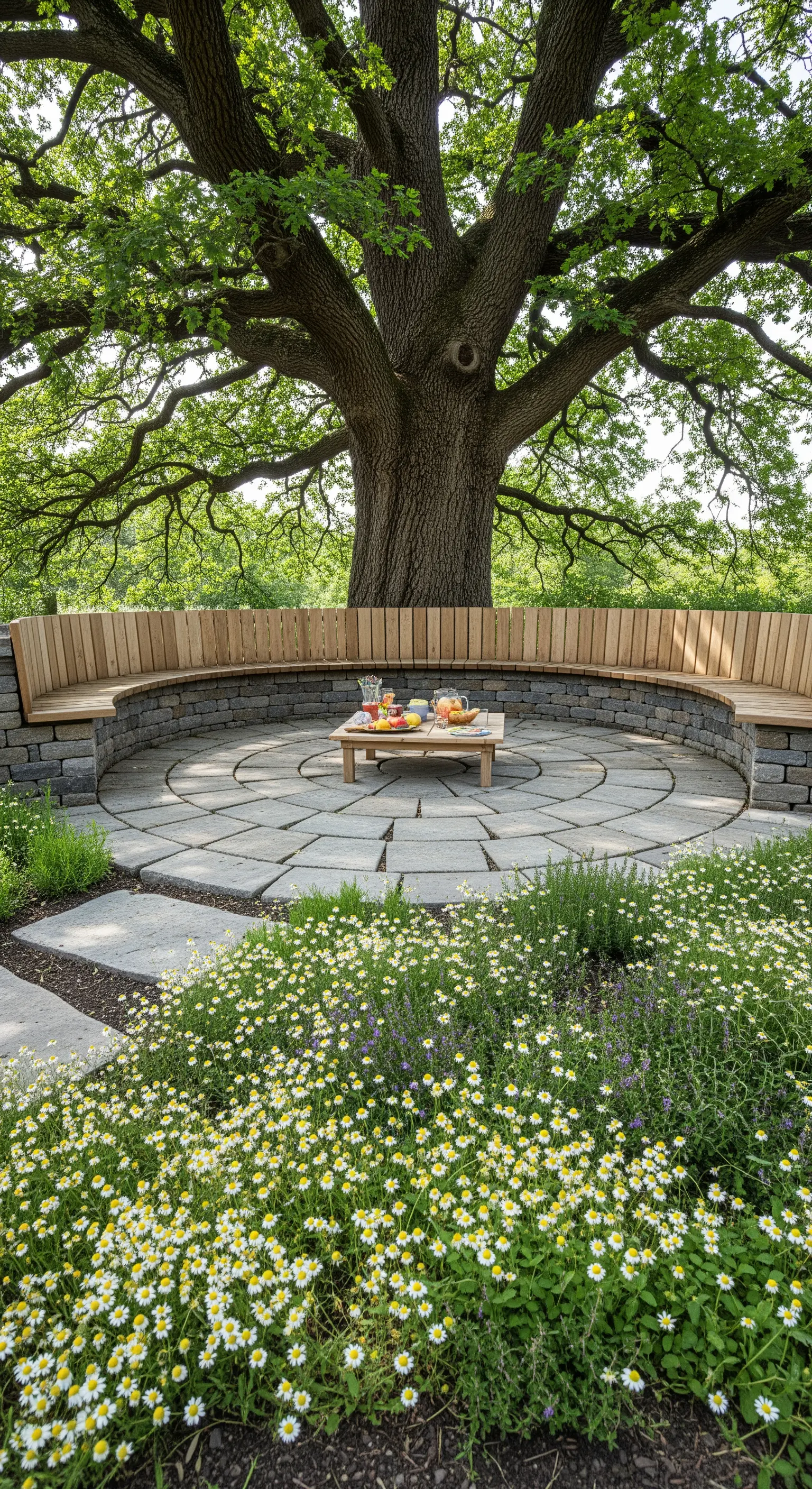 Panca semicircolare in legno integrata in un patio rotondo di pietra sotto una quercia.