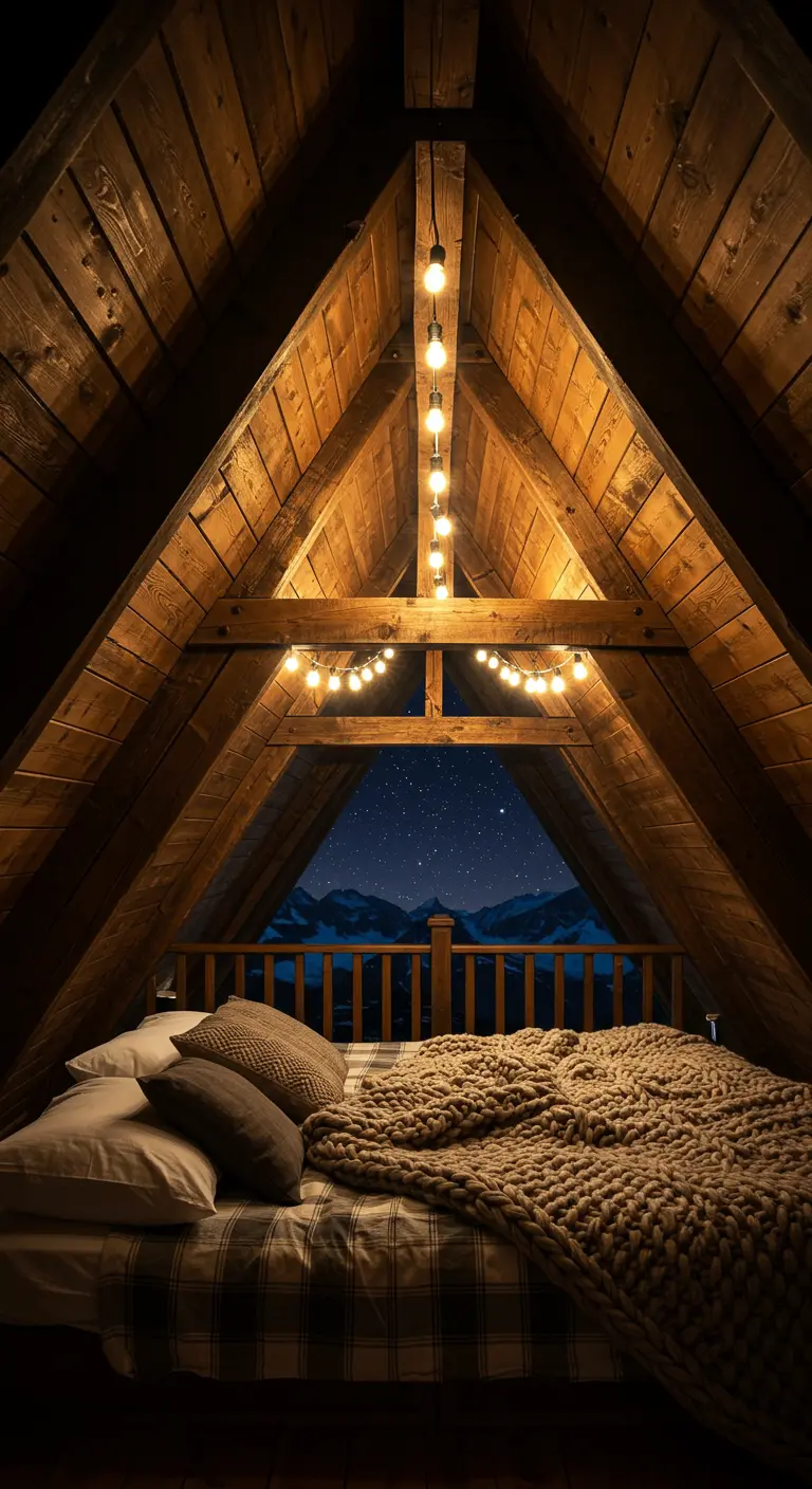 Soffitto a capanna in legno con luci a bulbo che seguono le travi.