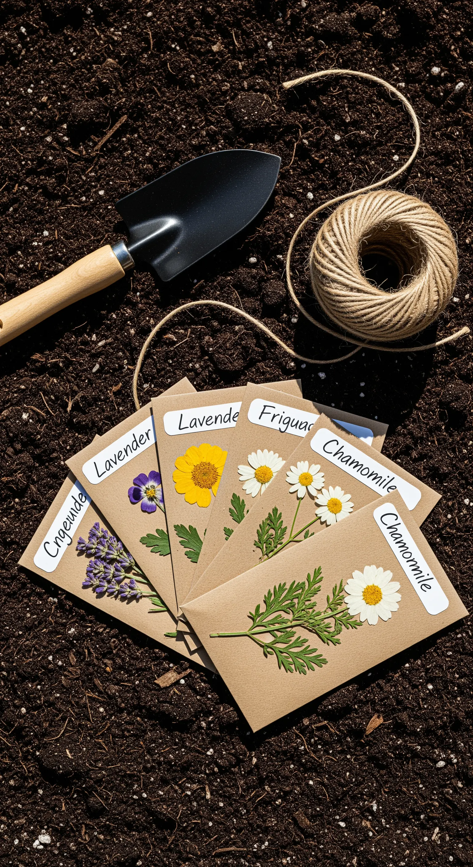 Bustine di carta kraft per semi, decorate con fiori pressati di lavanda e camomilla.