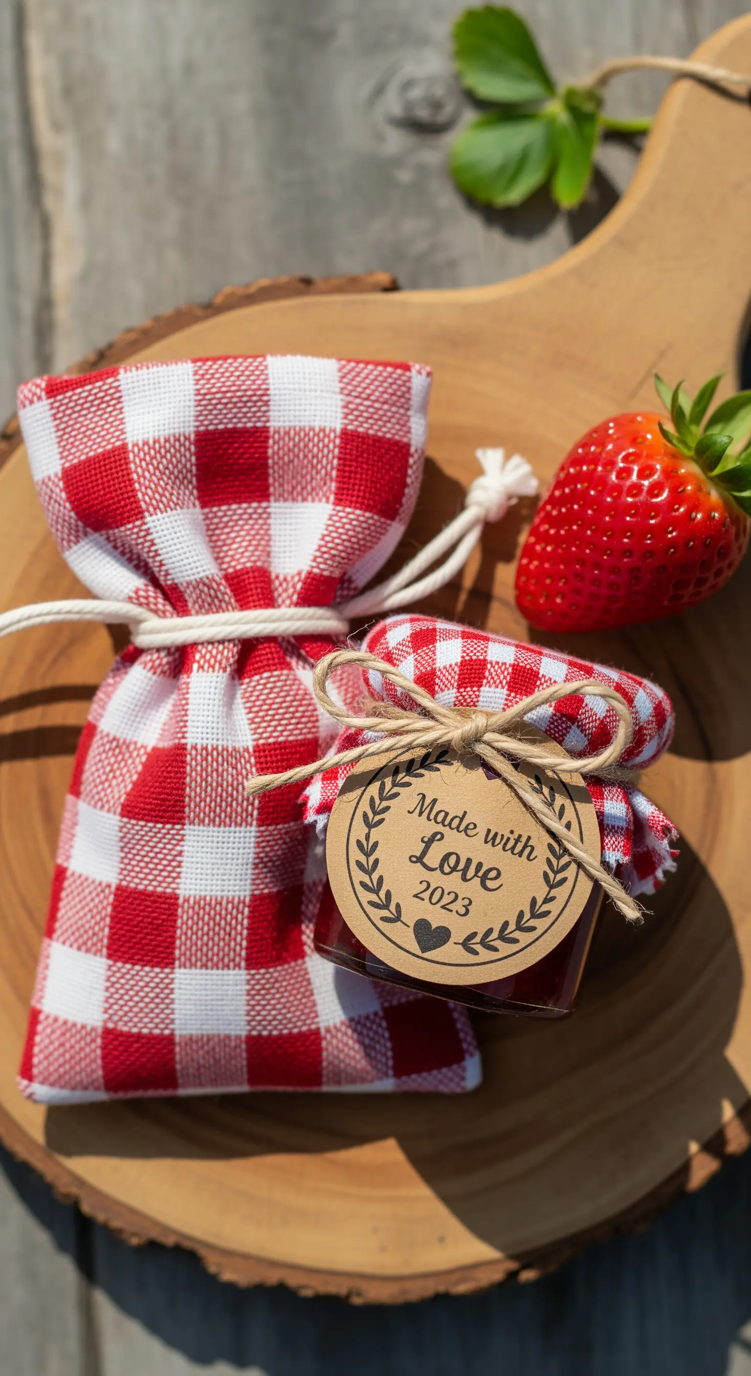 Vasetto di marmellata fatta in casa con etichetta “Made with Love” accanto a un sacchetto a quadretti.