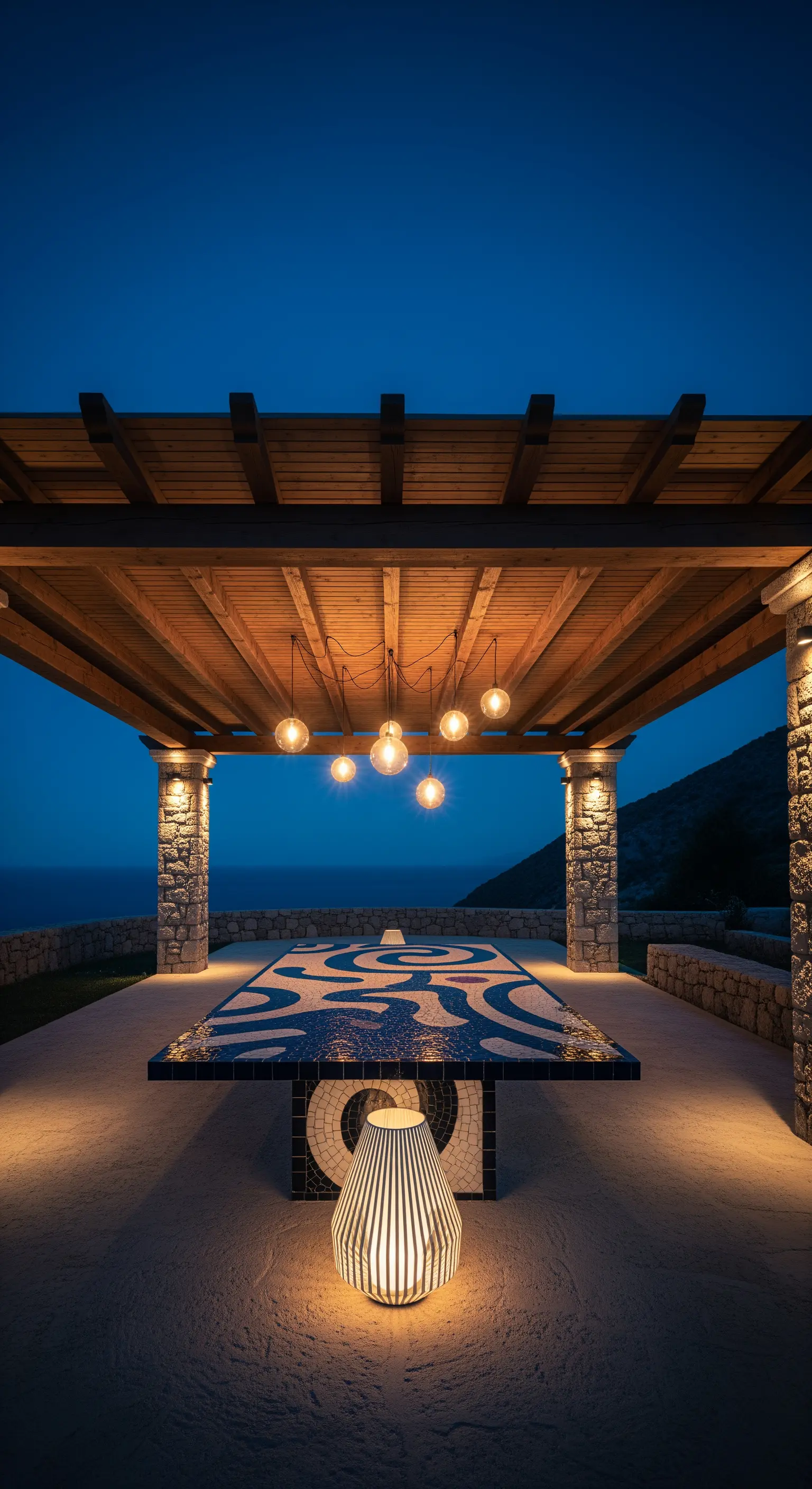 Pergola in legno con vista mare, illuminata da un filo di lampadine e una lampada da terra di design