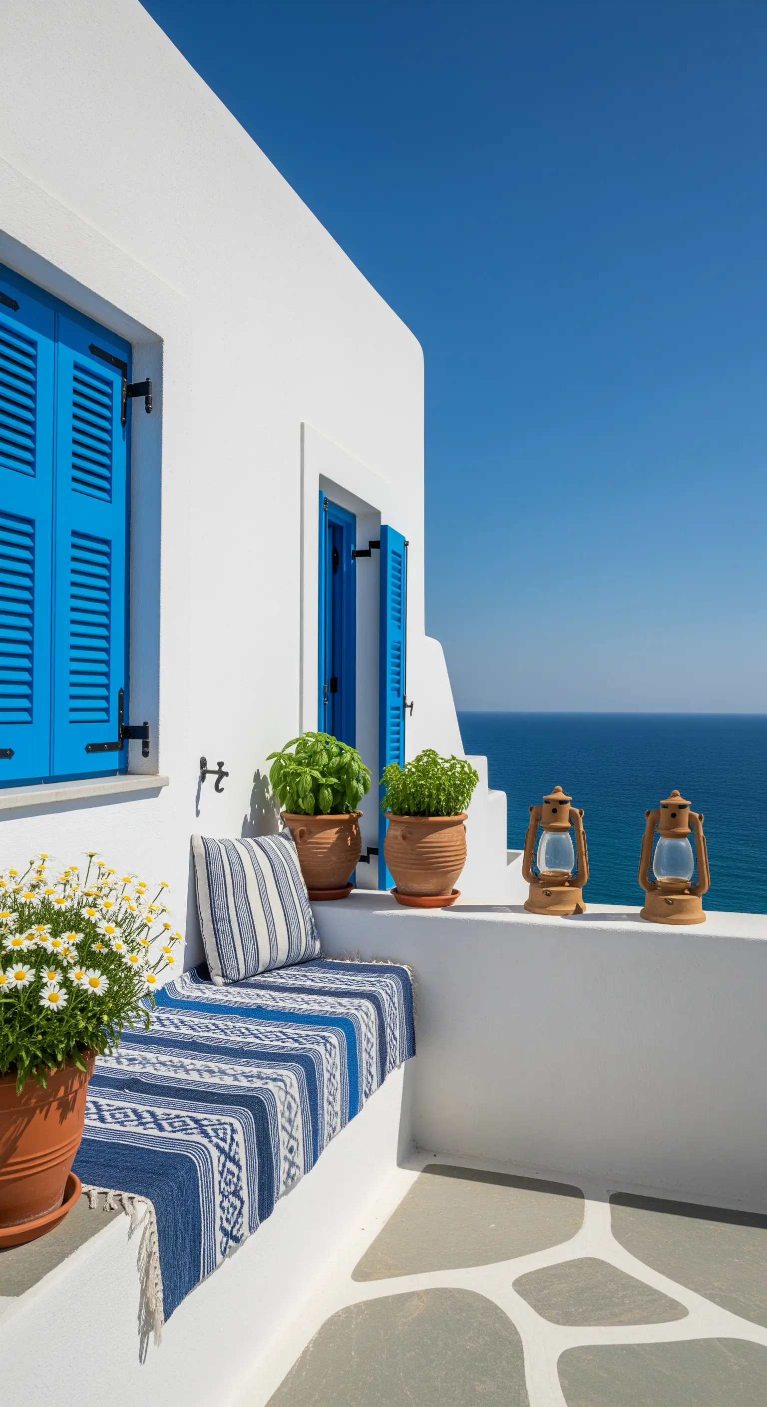 Balcone in stile greco con pareti bianche, persiane blu e una panca con tessuti coordinati.