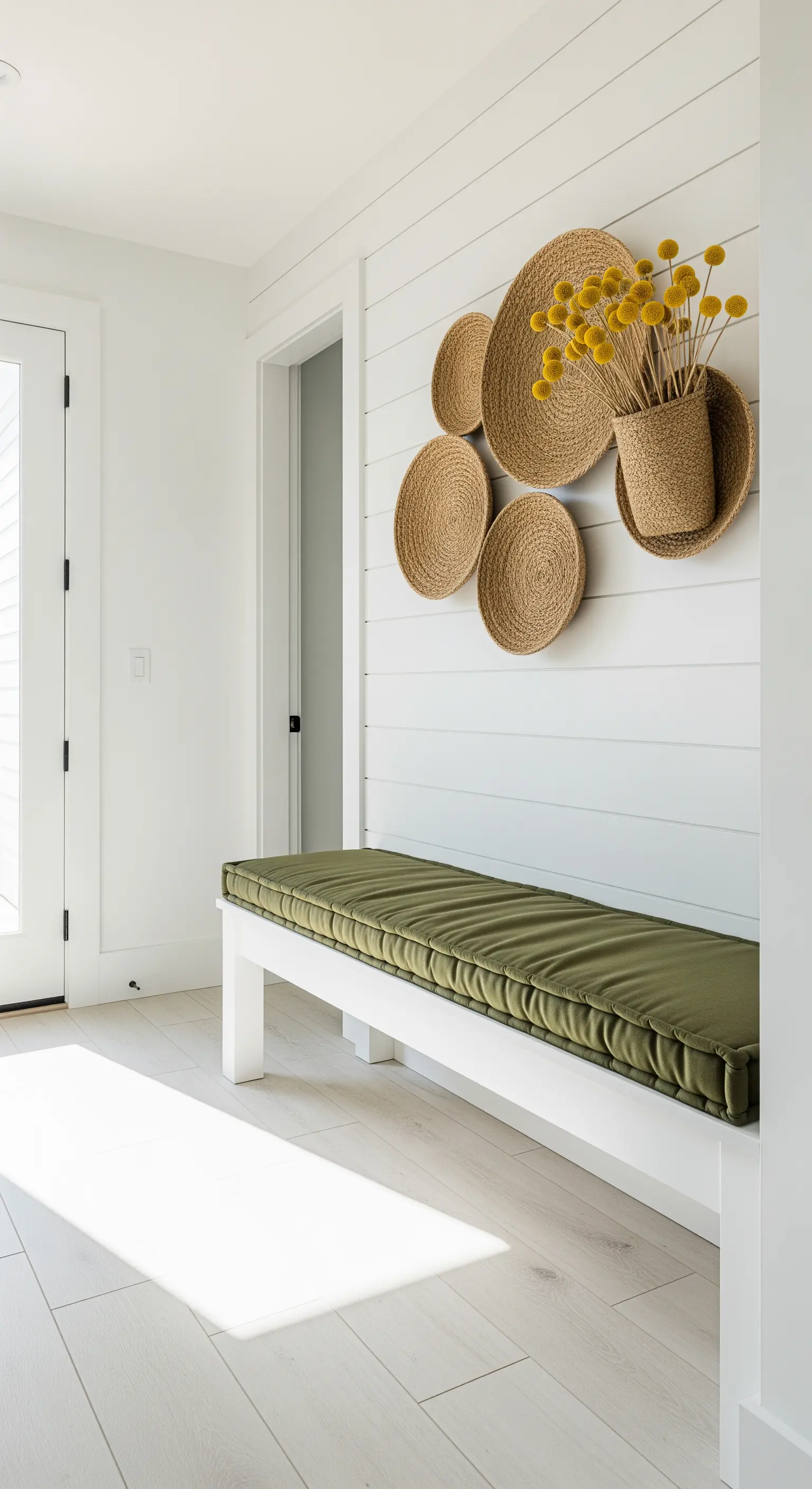 Panca bianca con cuscino verde oliva e decorazioni a parete in fibra naturale in un ingresso luminoso.