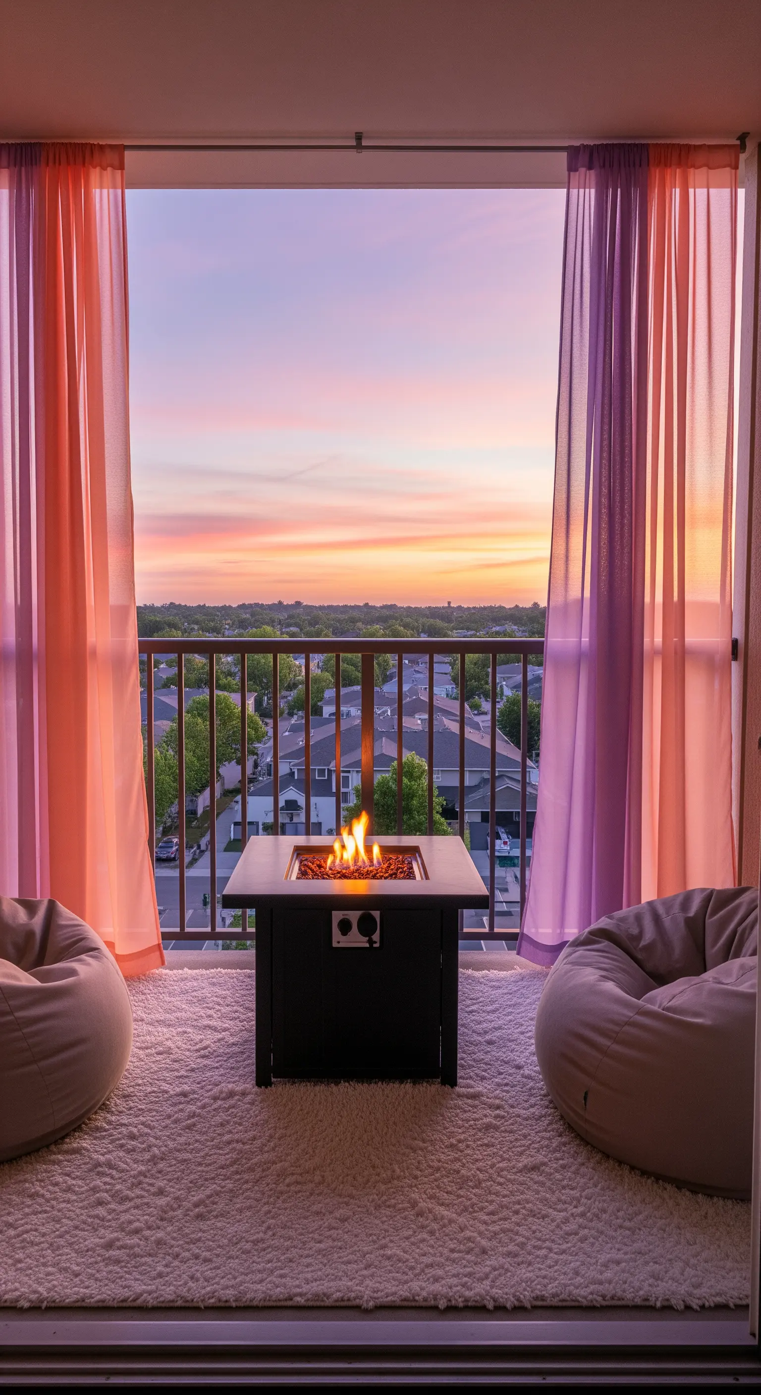 Balcone con vista panoramica al tramonto, due pouf a sacco e un braciere a gas acceso.